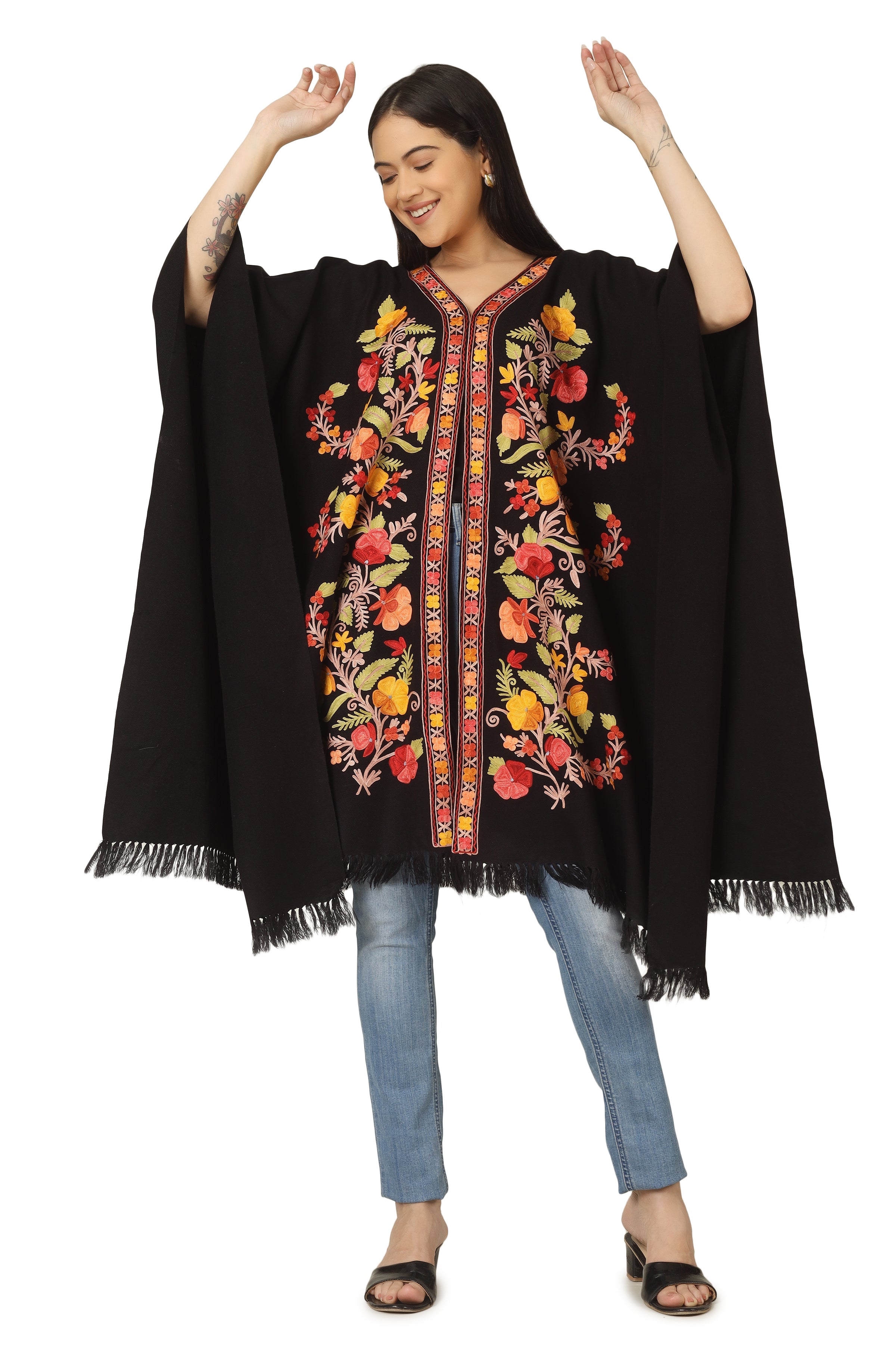 Kashmiri Aari Embroidered Cape Shawl for Women, Floral Embroidered Cape Shawl Black BATIN