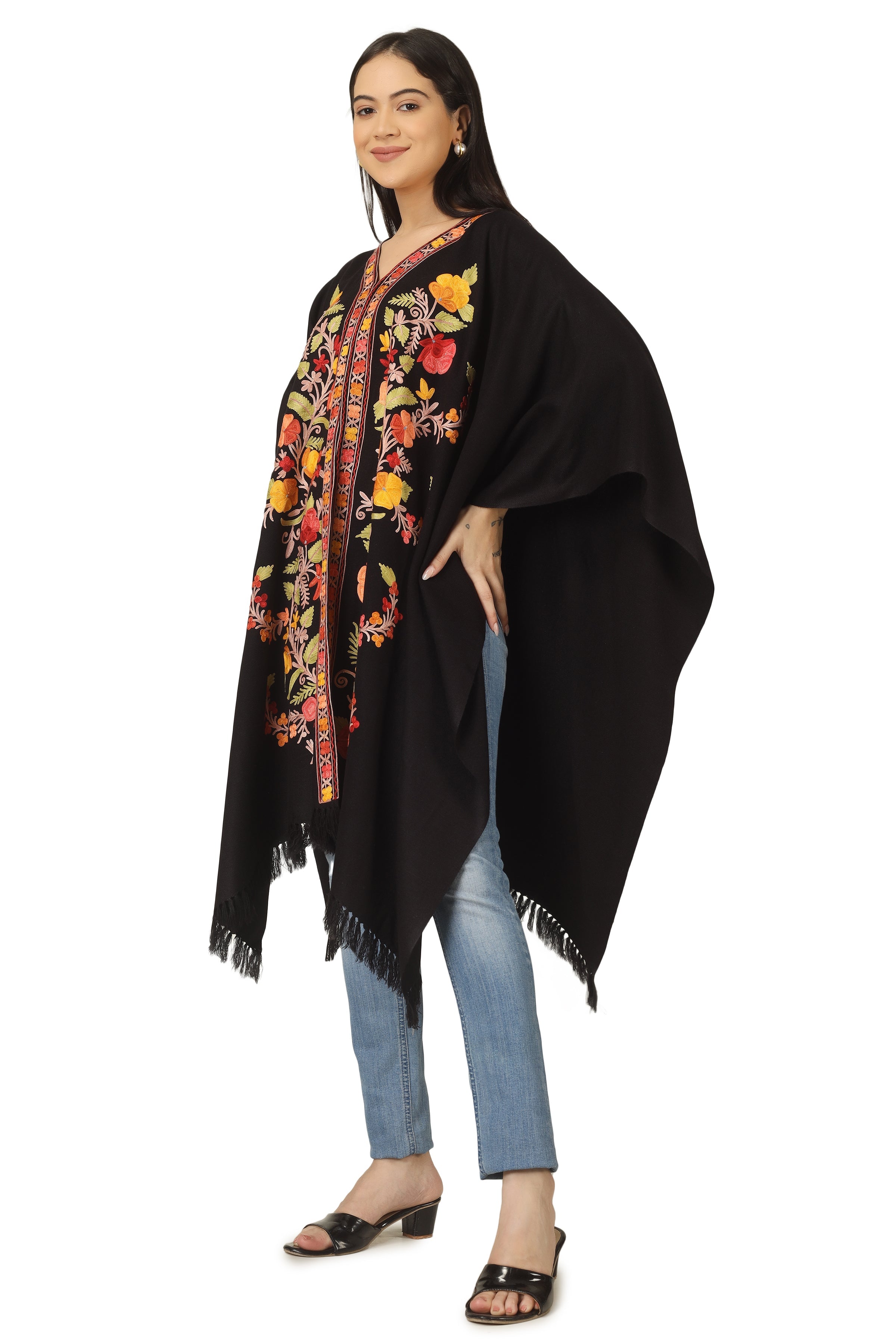 Kashmiri Aari Embroidered Cape Shawl for Women, Floral Embroidered Cape Shawl Black BATIN