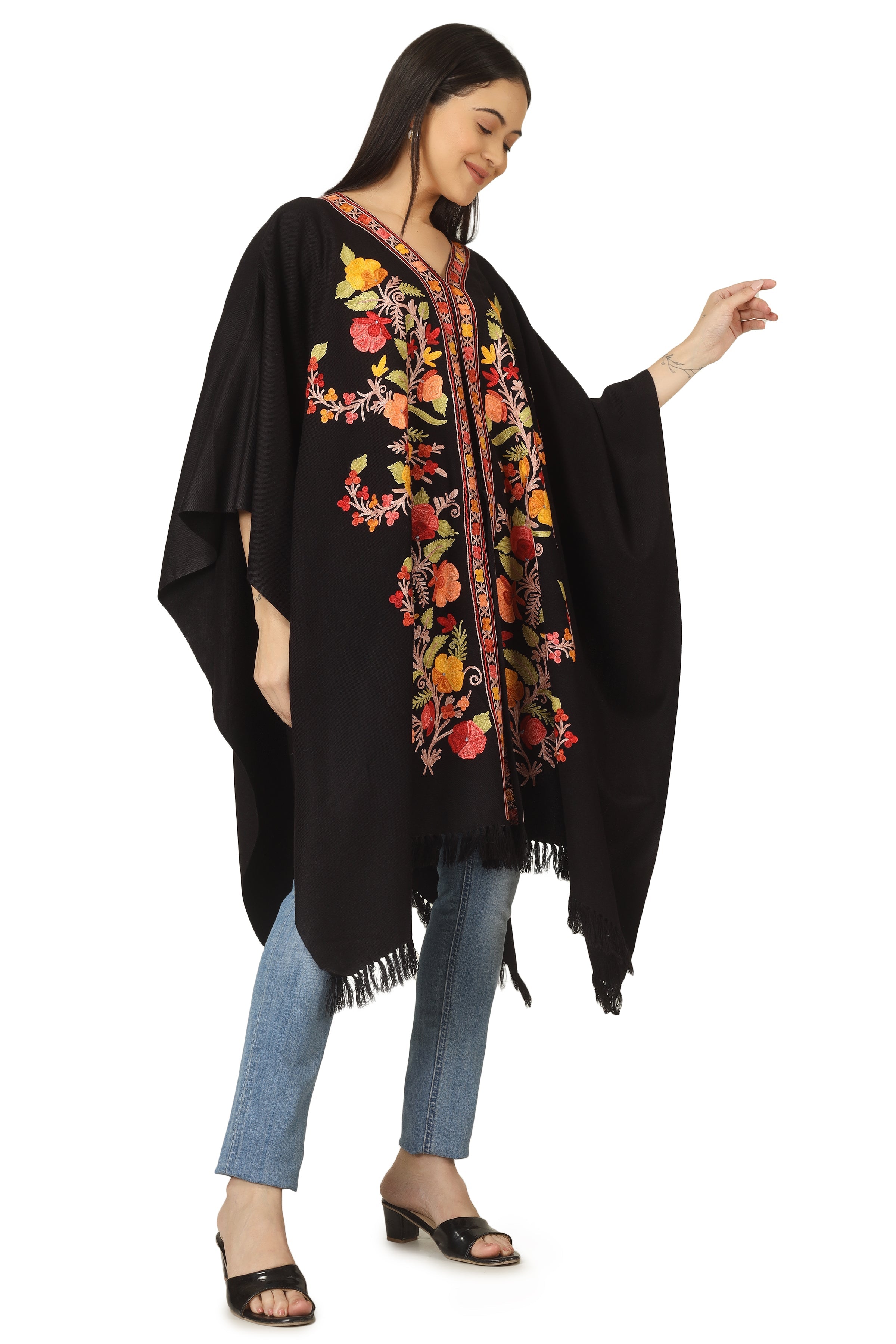 Kashmiri Aari Embroidered Cape Shawl for Women, Floral Embroidered Cape Shawl Black BATIN