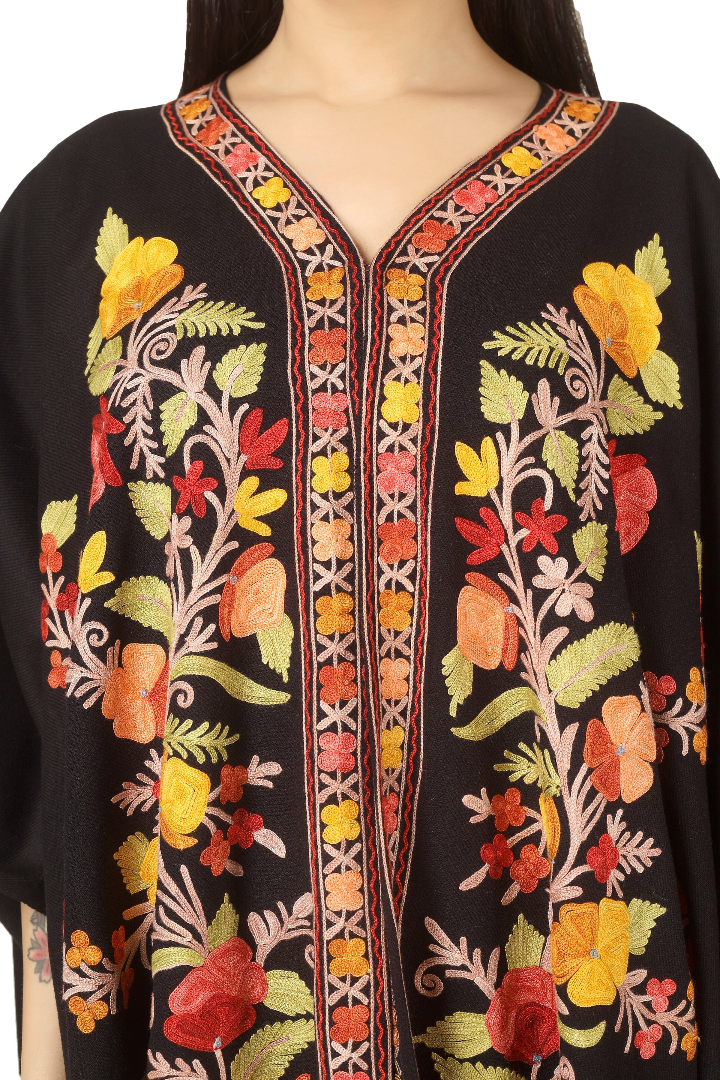 Kashmiri Aari Embroidered Cape Shawl for Women, Floral Embroidered Cape Shawl Black BATIN