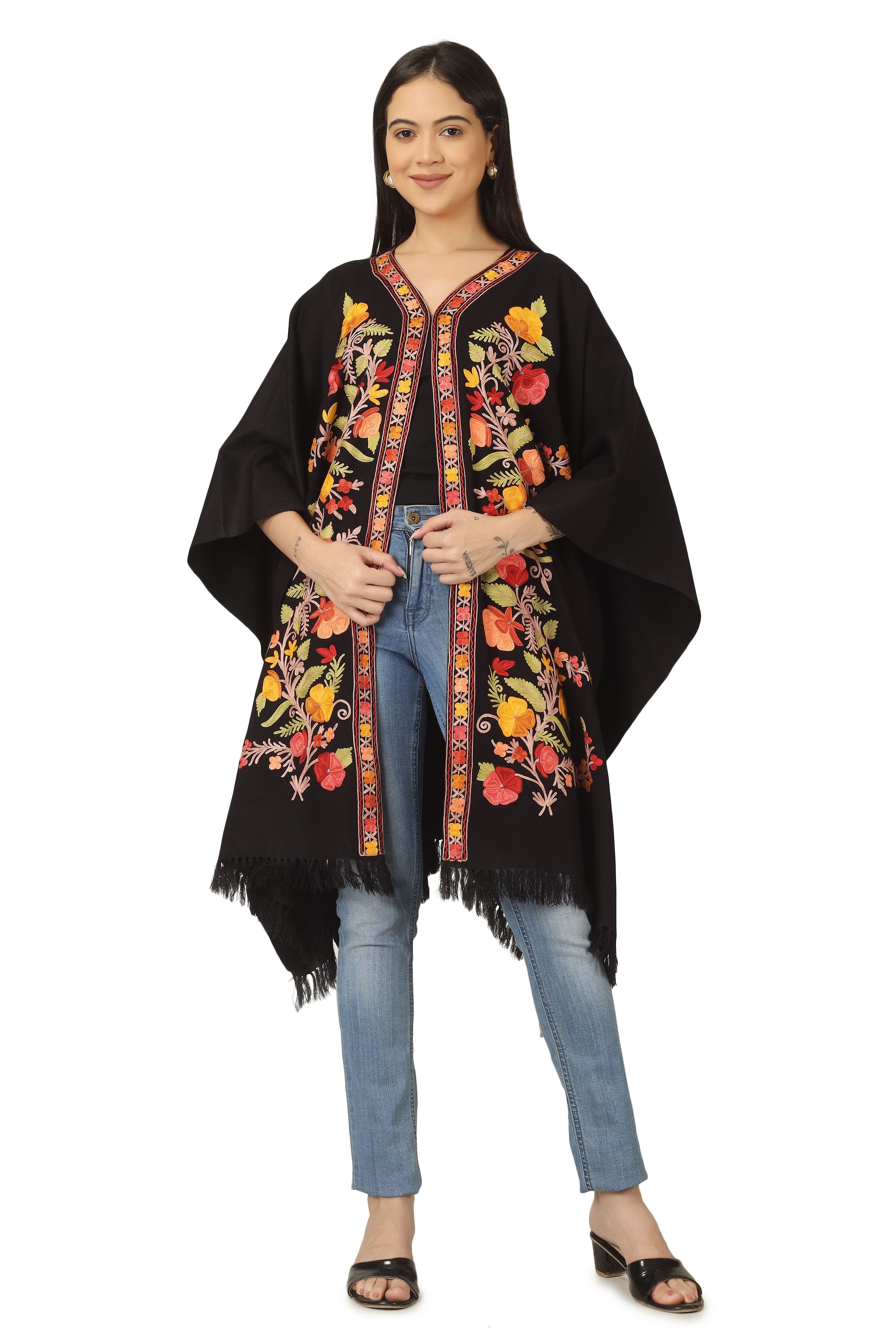 Kashmiri Aari Embroidered Cape Shawl for Women, Floral Embroidered Cape Shawl Black BATIN