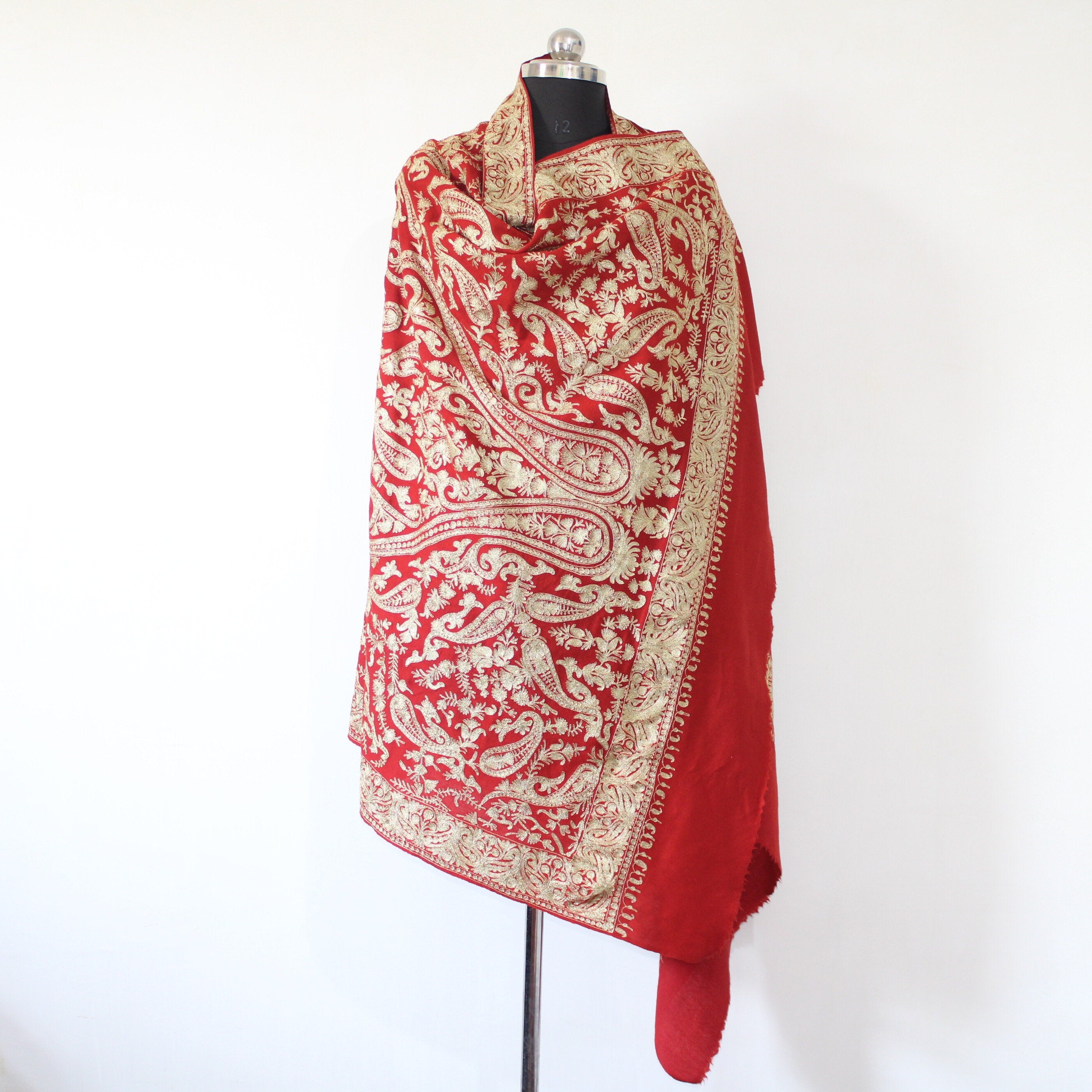 Bridal Embroidered Shawl, Kashmiri Tilla Shawl For Women, Indian Wedding Shawl, Bridal Cover Up Wrap, Zari Embroidered Cashmere Shawl