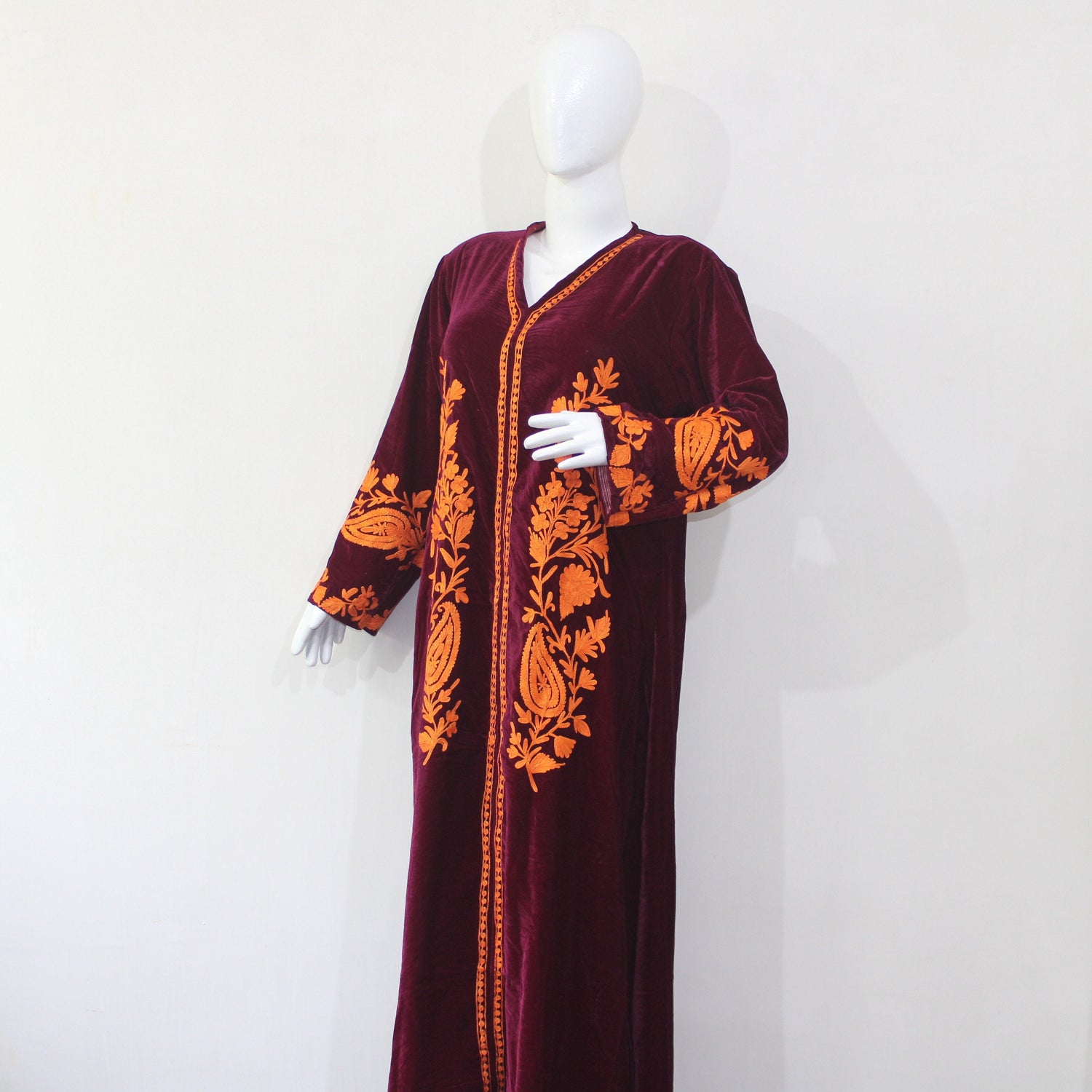 Kashmiri Aari Embroidered Velvet Gown, Long Sleeves, Floral Embroidery, Dress for women