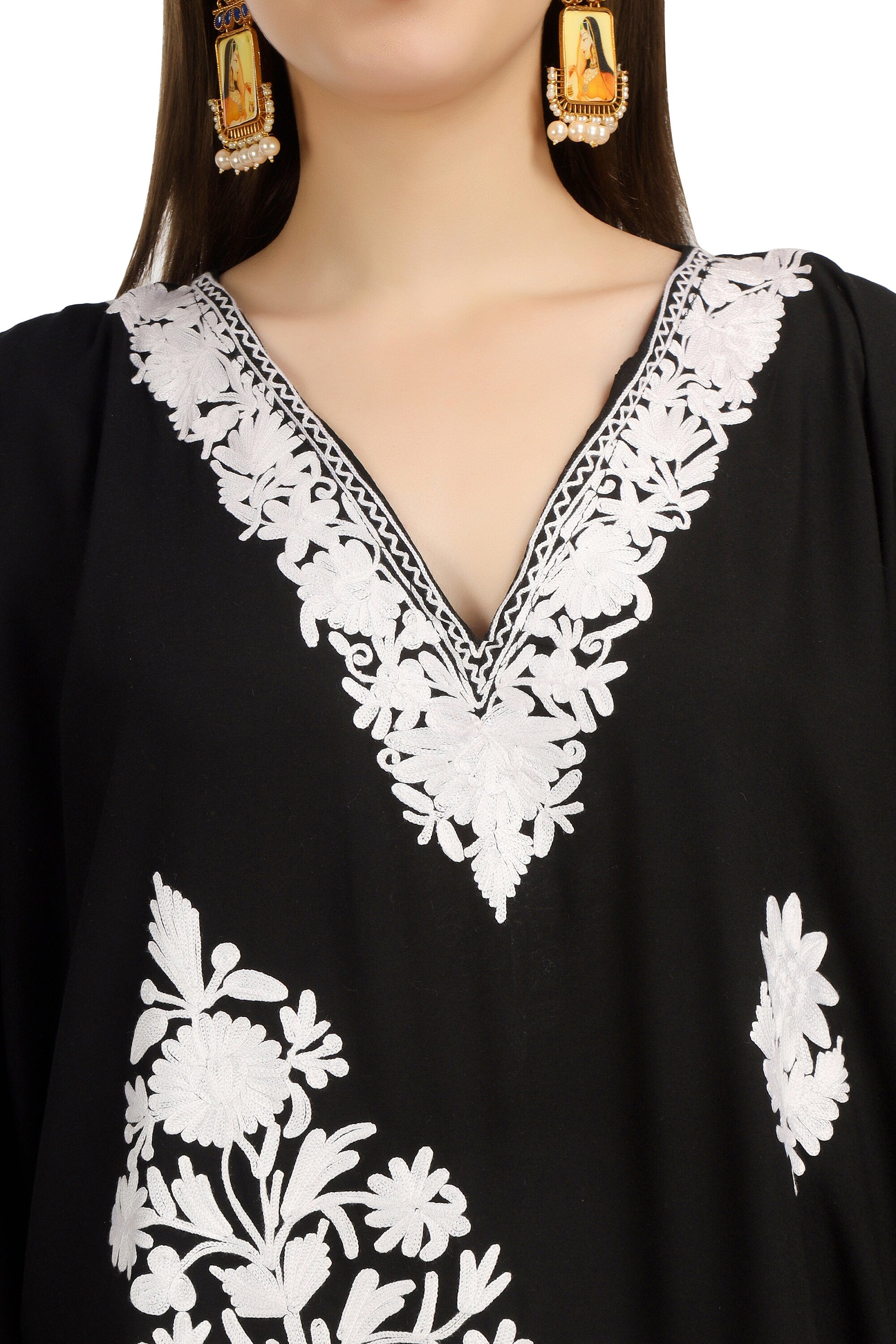 Kashmiri Aari Embroidered Cotton Kaftan for Women, Handmade Kaftan Dress for Girls, Cotton Maxi Dress for Summers
