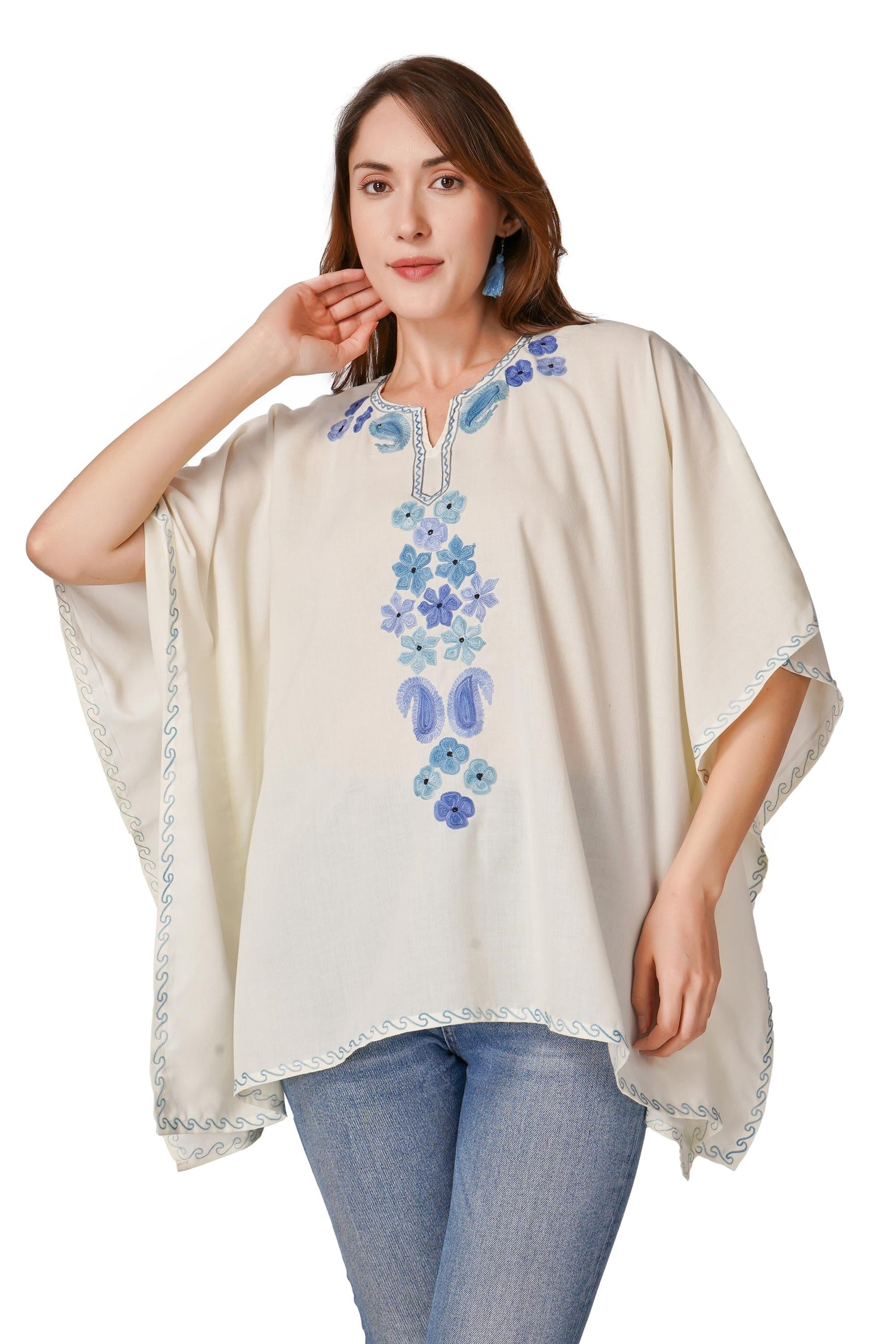 Kashmiri Aari Embroidered Womens Kaftan Kurti, Embroidered Cotton Kaftan Regular Fit Top, Short Kurti For Summer (Free Size)