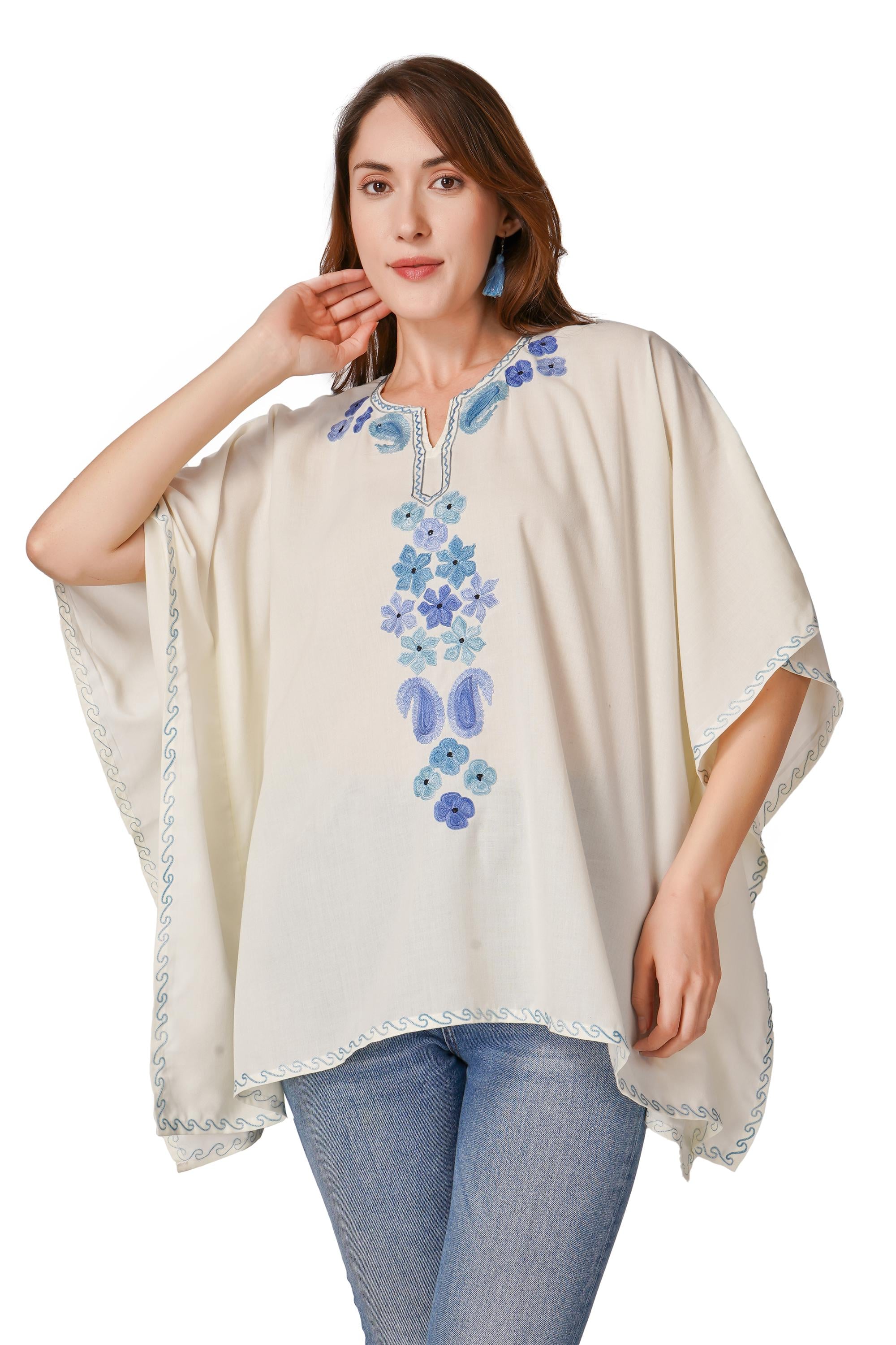 Kashmiri Aari Embroidered Womens Kaftan Kurti, Embroidered Cotton Kaftan Regular Fit Top, Short Kurti For Summer (Free Size)