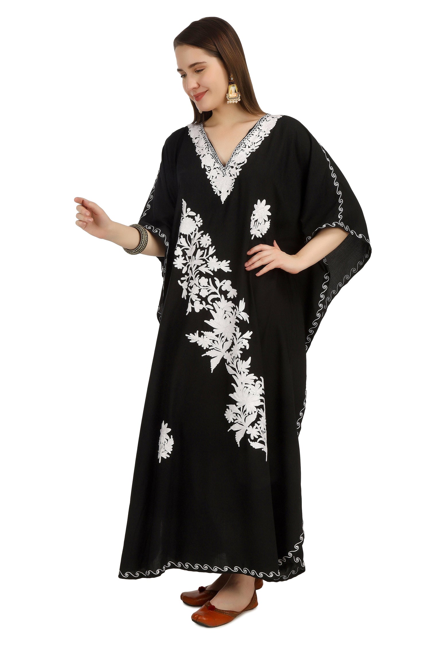 Kashmiri Aari Embroidered Cotton Kaftan for Women, Handmade Kaftan Dress for Girls, Cotton Maxi Dress for Summers