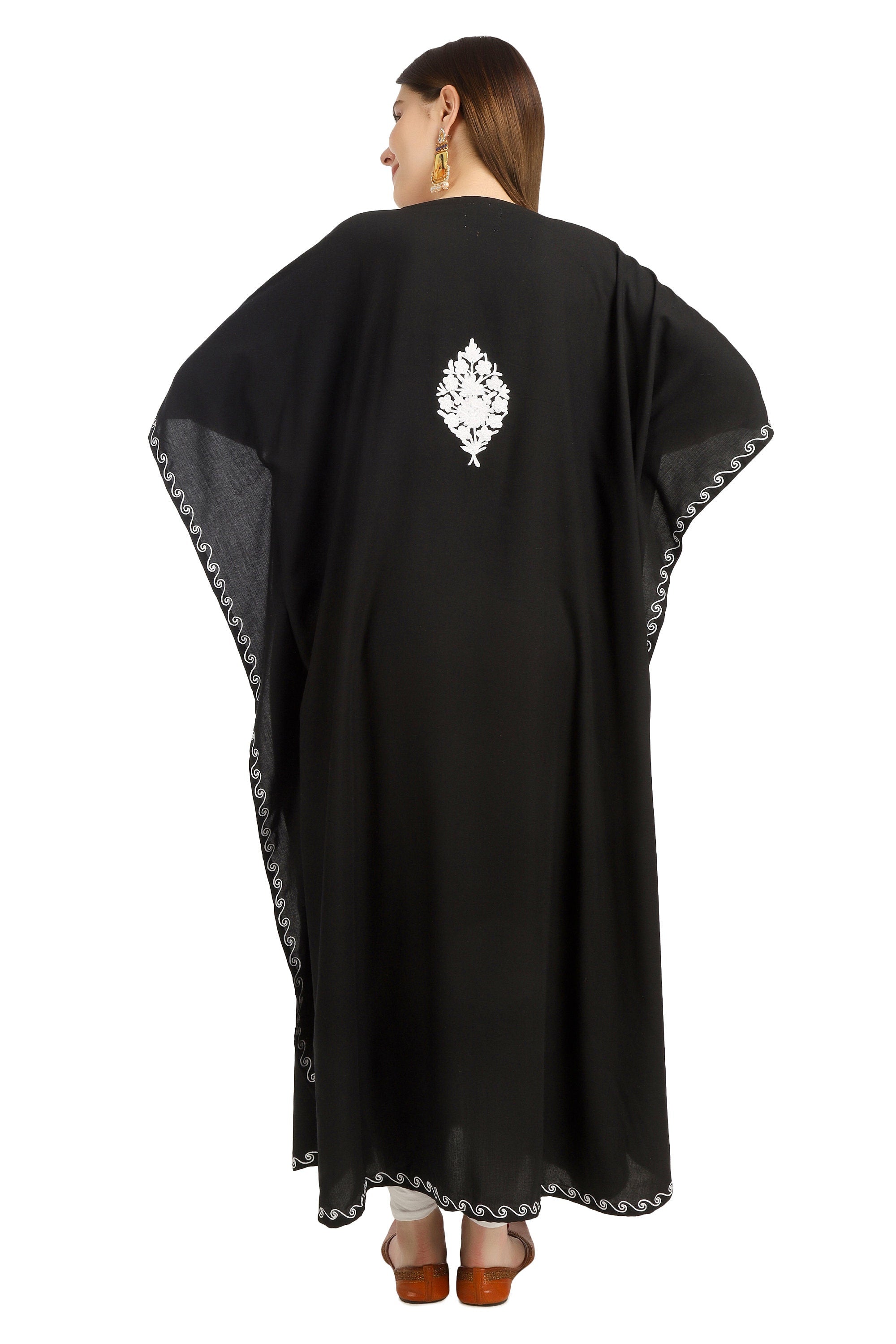 Kashmiri Aari Embroidered Cotton Kaftan for Women, Handmade Kaftan Dress for Girls, Cotton Maxi Dress for Summers