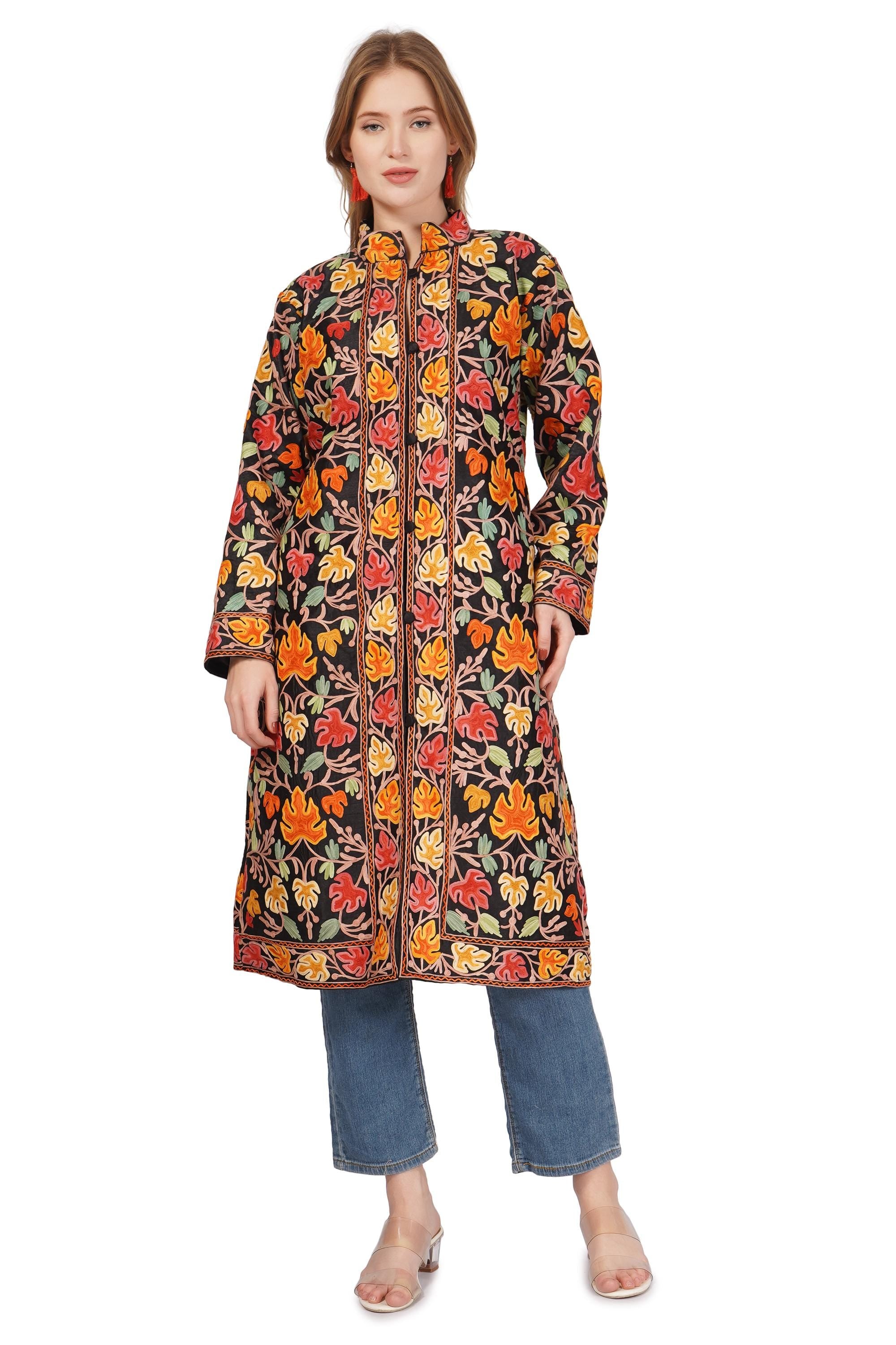 Luxurious Kashmiri Embroidered Coat: Long wool Jacket for Boho Vibes