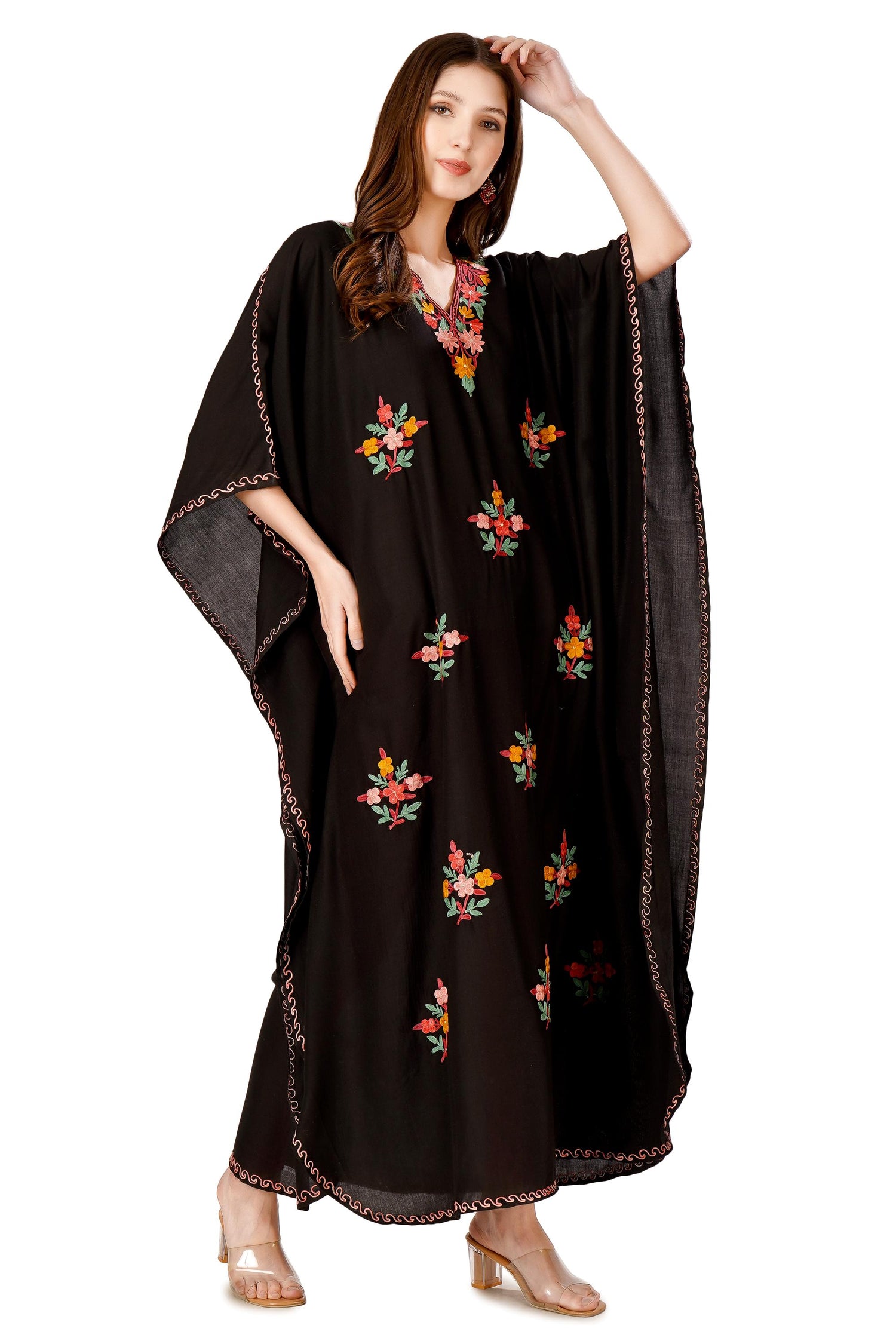 Kashmiri Aari Embroidered Cotton Kaftan for Women, Handmade Kaftan Dress for Womens , Loose Women Tunic Dress, Indian Floral Kaftan