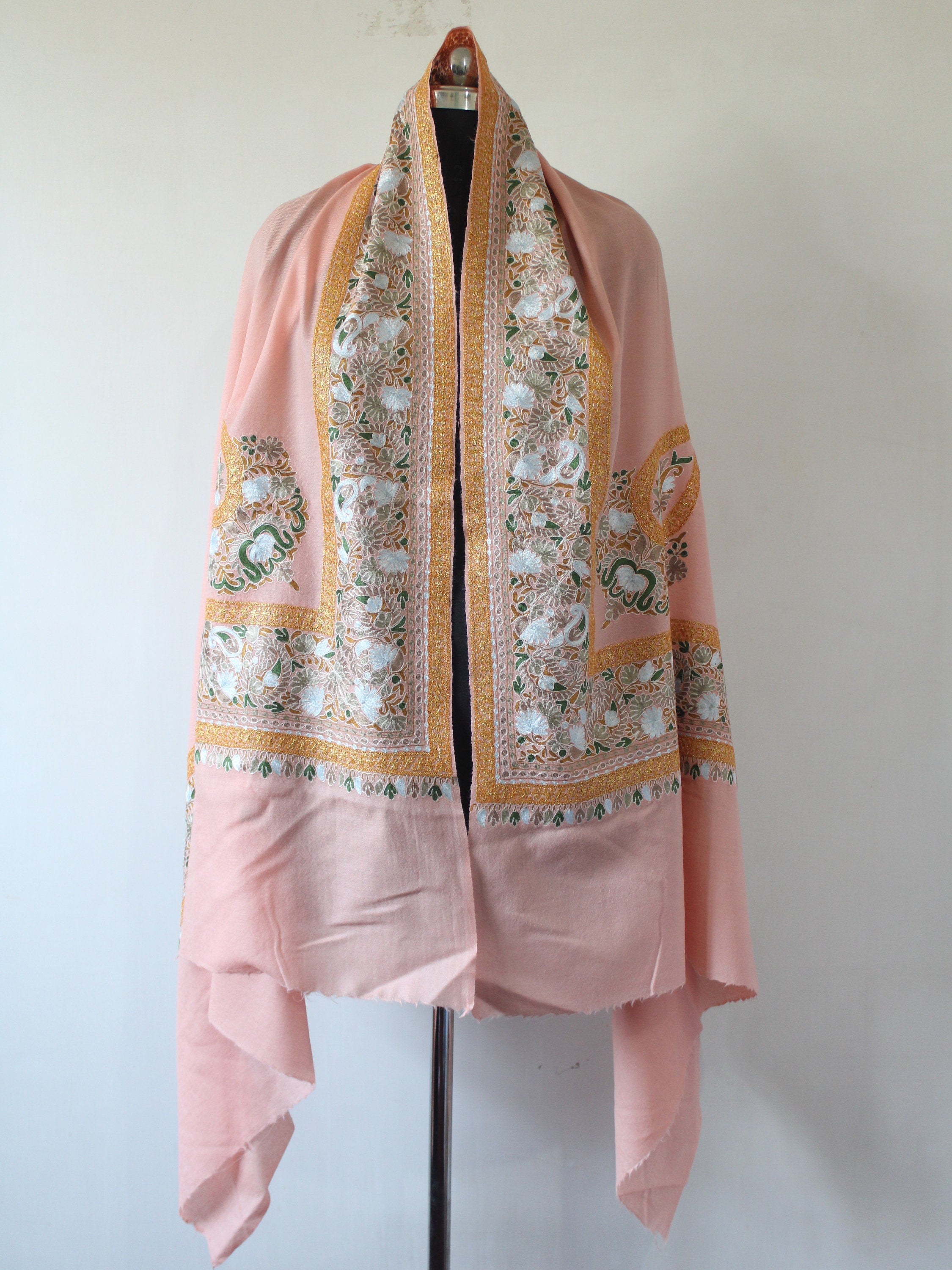 Kashmiri Tilla Silk Shawl Intricately Hand embroidered with Gold and Silk Threads