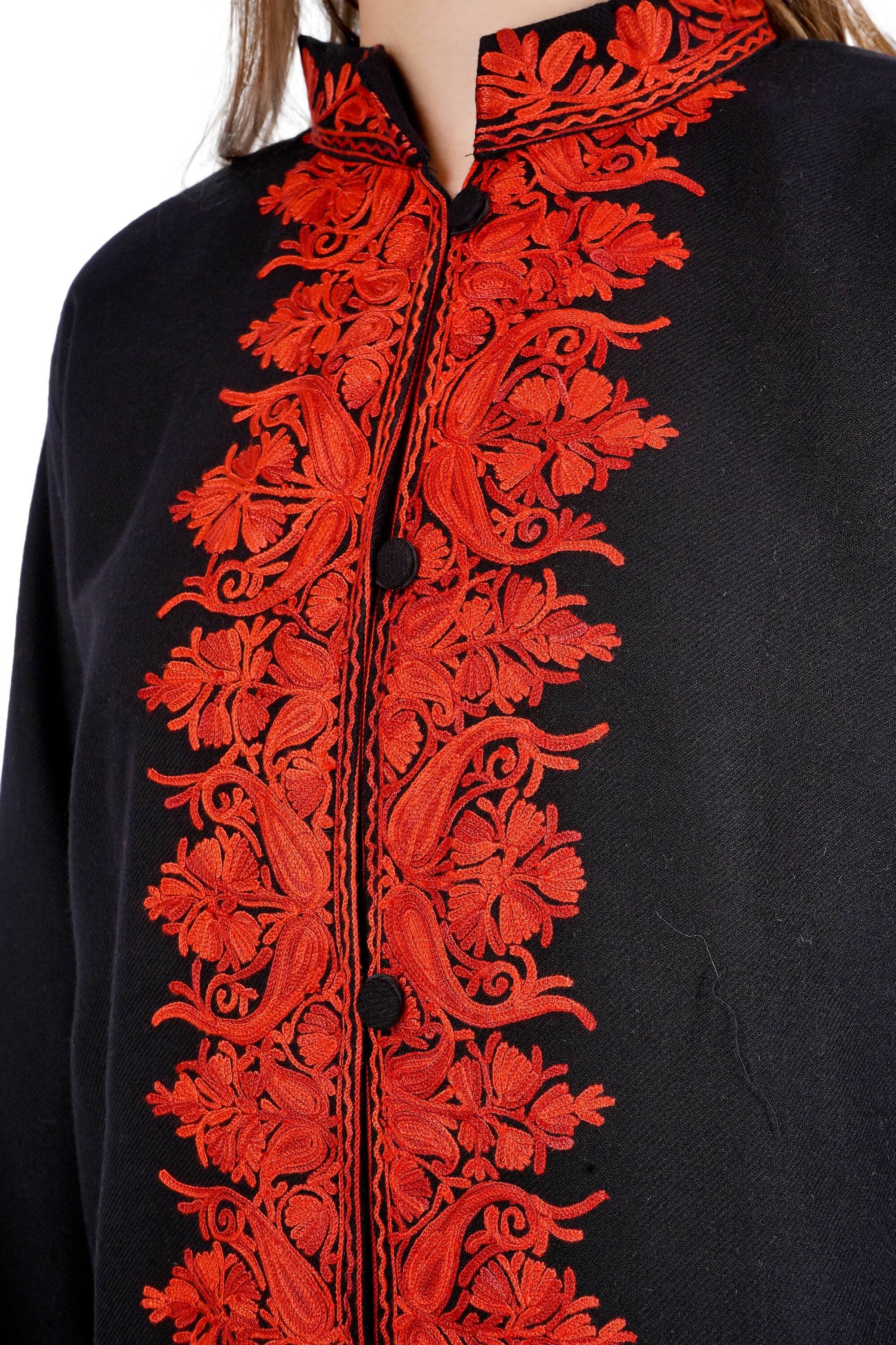 Kashmiri Aari Embroidered Long woollen Jacket, Winter Coat For Women, Paisley Indian Jacket