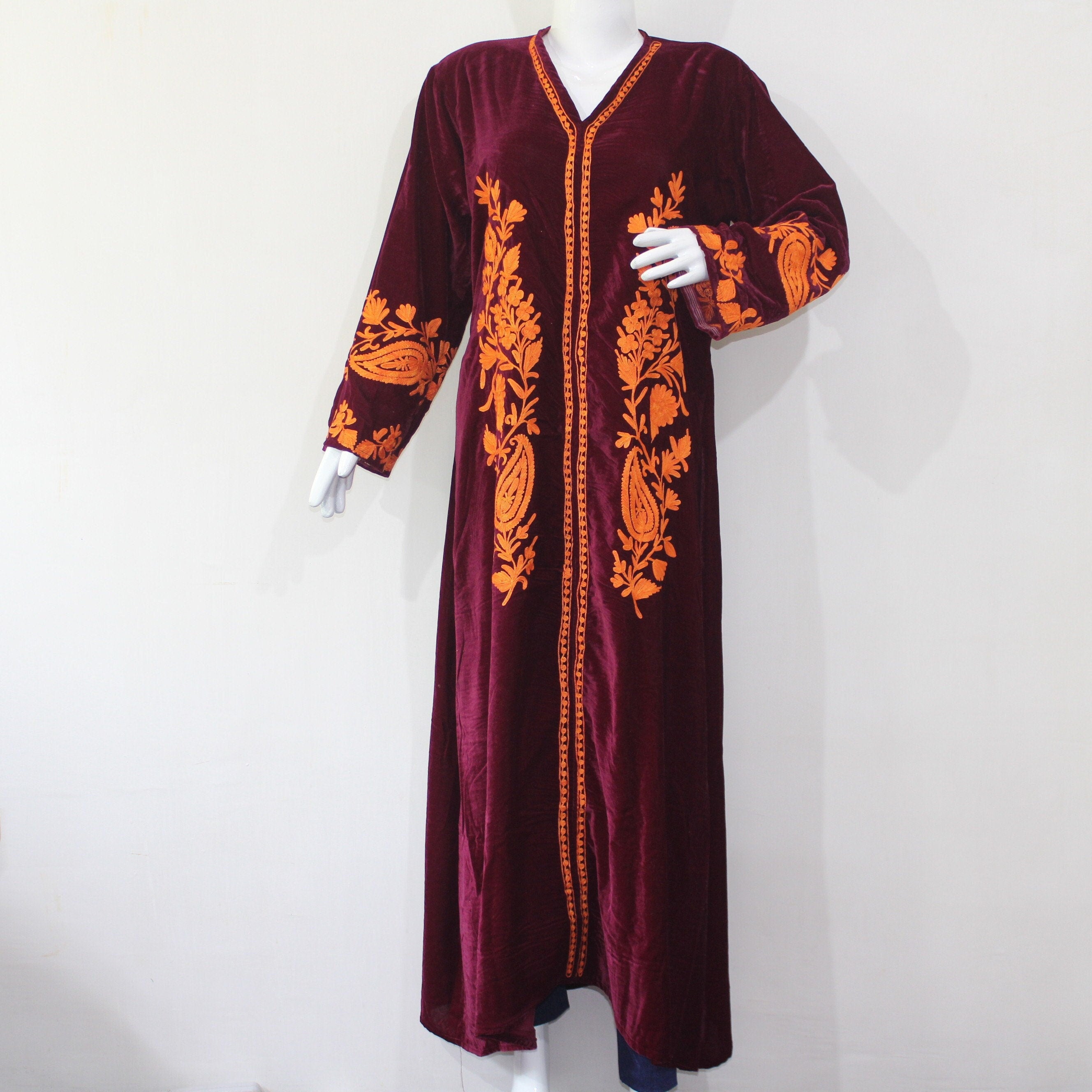 Kashmiri Aari Embroidered Velvet Gown, Long Sleeves, Floral Embroidery, Dress for women