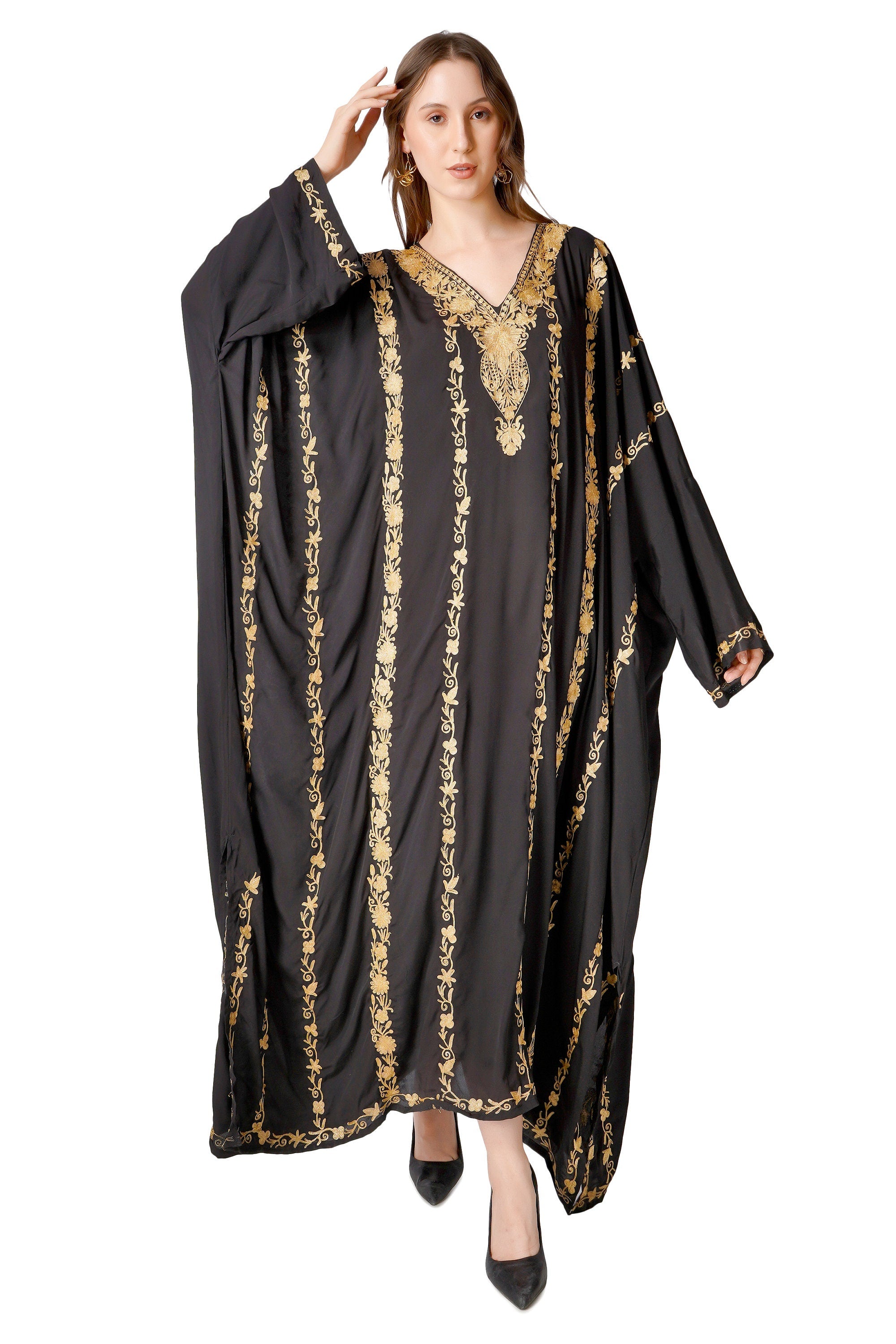 Kashmiri Zari Embroidered Crepe Silk Kaftan, Moroccan Caftan with Gold Embroidery, Long Length Kashmiri Tilla Embroidered Kaftan