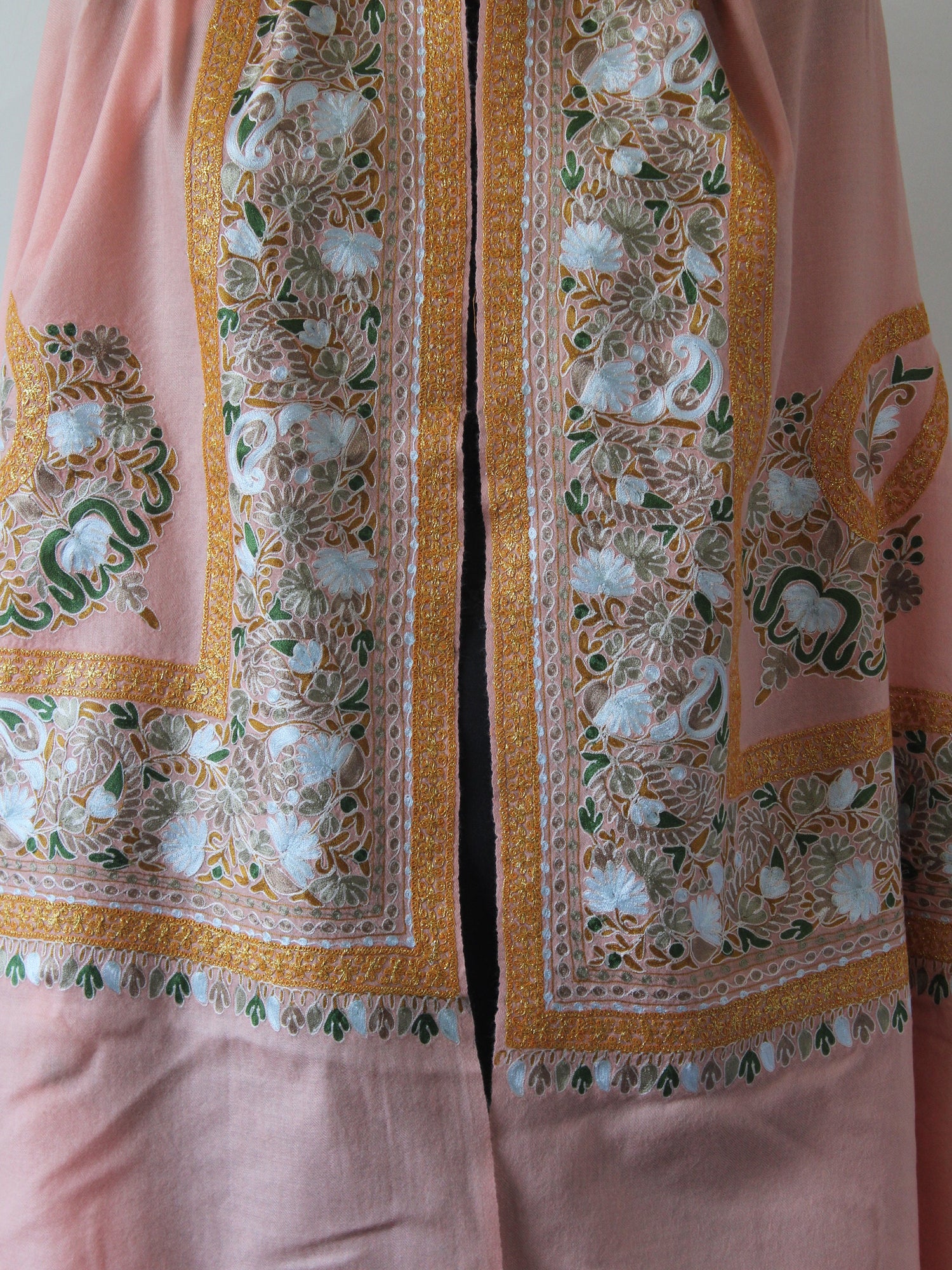 Kashmiri Tilla Silk Shawl Intricately Hand embroidered with Gold and Silk Threads