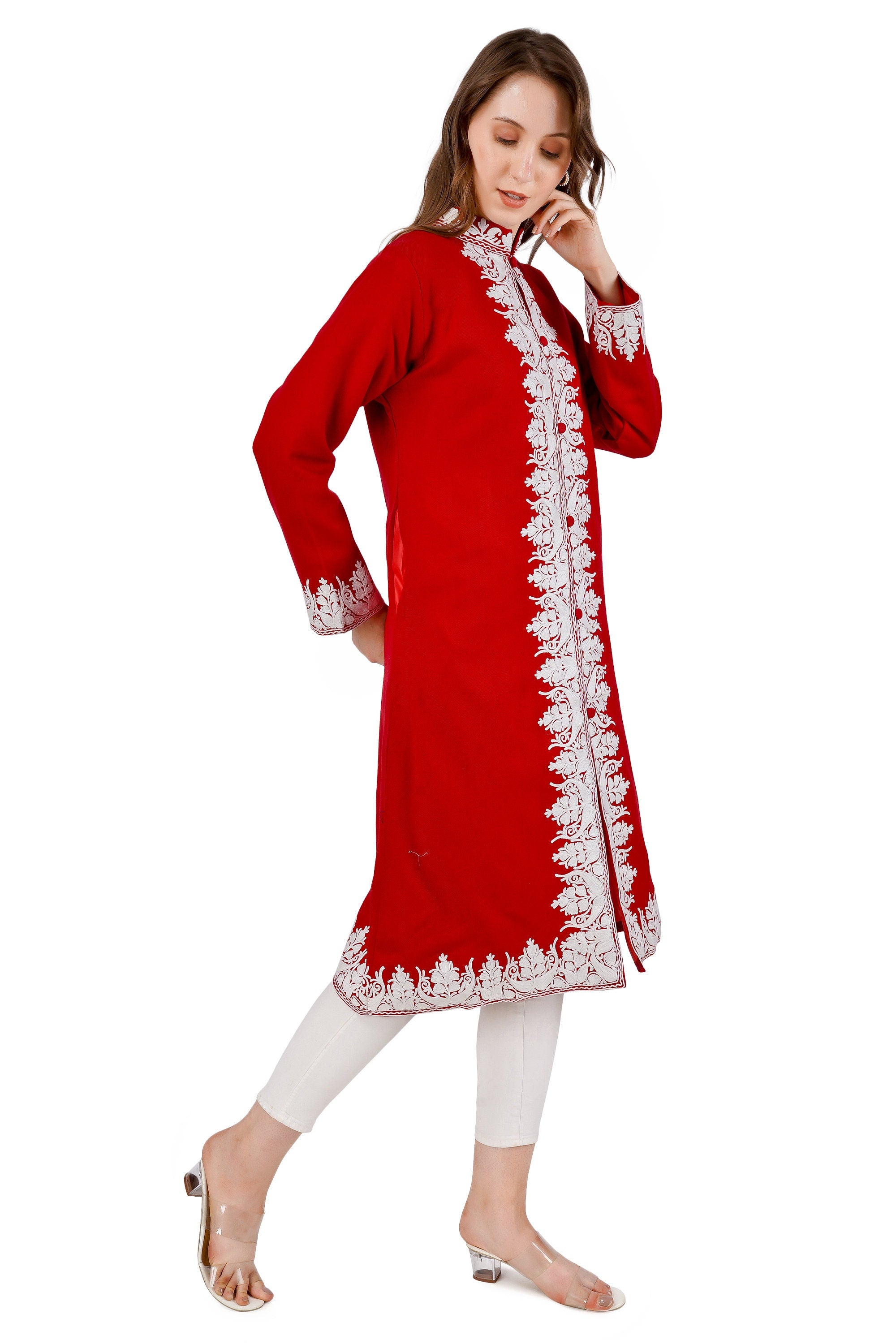 Kashmiri Aari Embroidered Long woollen Jacket, Winter Coat For Women, Paisley Indian Jacket