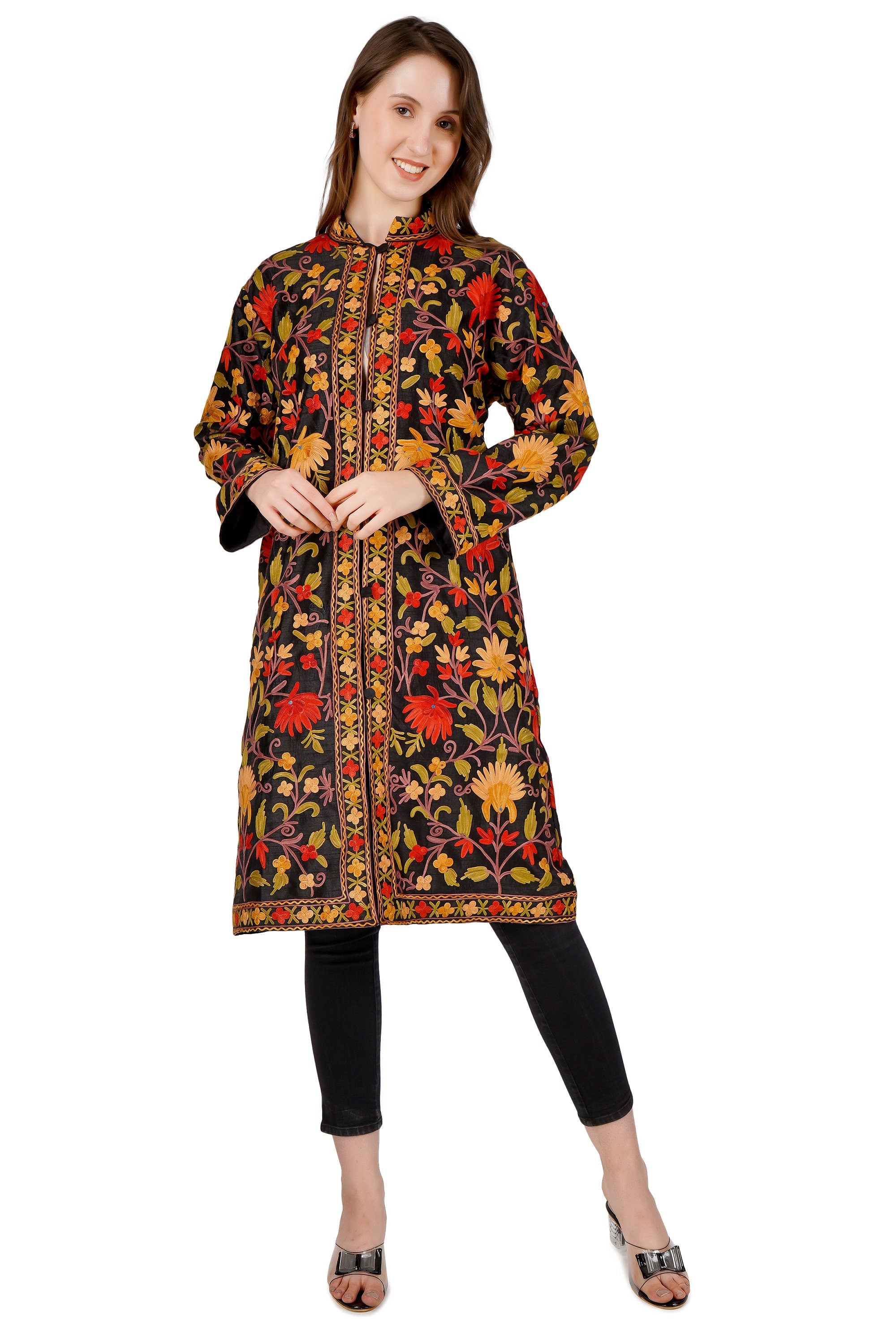 Kashmiri Jacket, Embroidered Wool Jacket, Long Length Coat, Bohemian Jacket, Embroidered Jacket, Floral Embroidered Coat, Wool Winter Jacket - BATIN