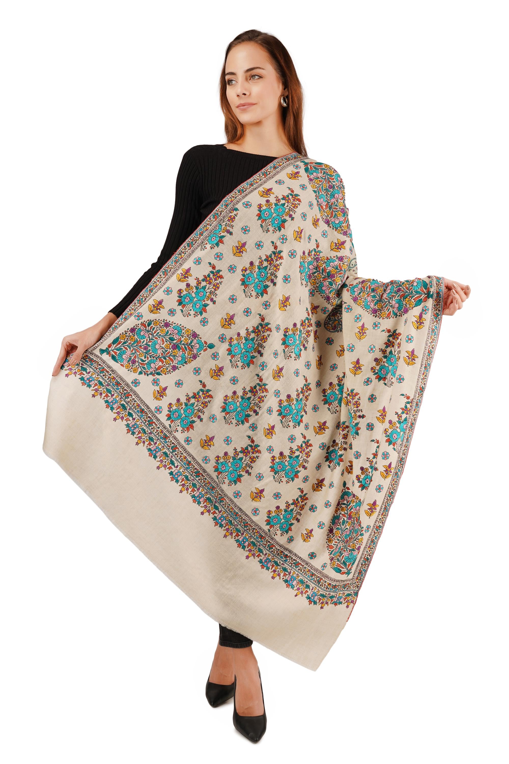 Pure Pashmina sozni handwork Embroidery Shawl, Handmade Undyed Natural White, Paper Mache Embroidery, Sozni Hand Embroidery - BATIN