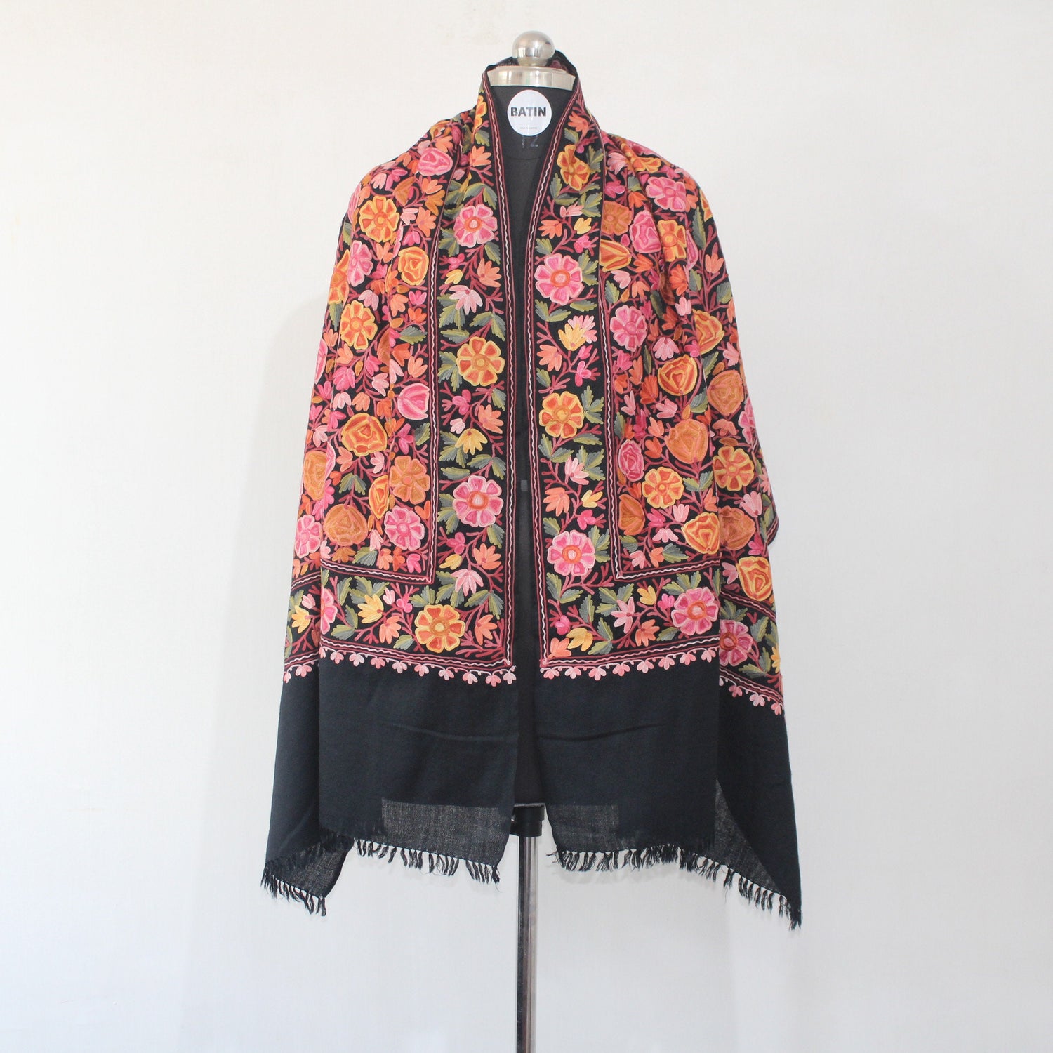 Handmade Kashmiri Merino Wool Stole, Intricate Aari Embroidery, Cozy Black Scarf