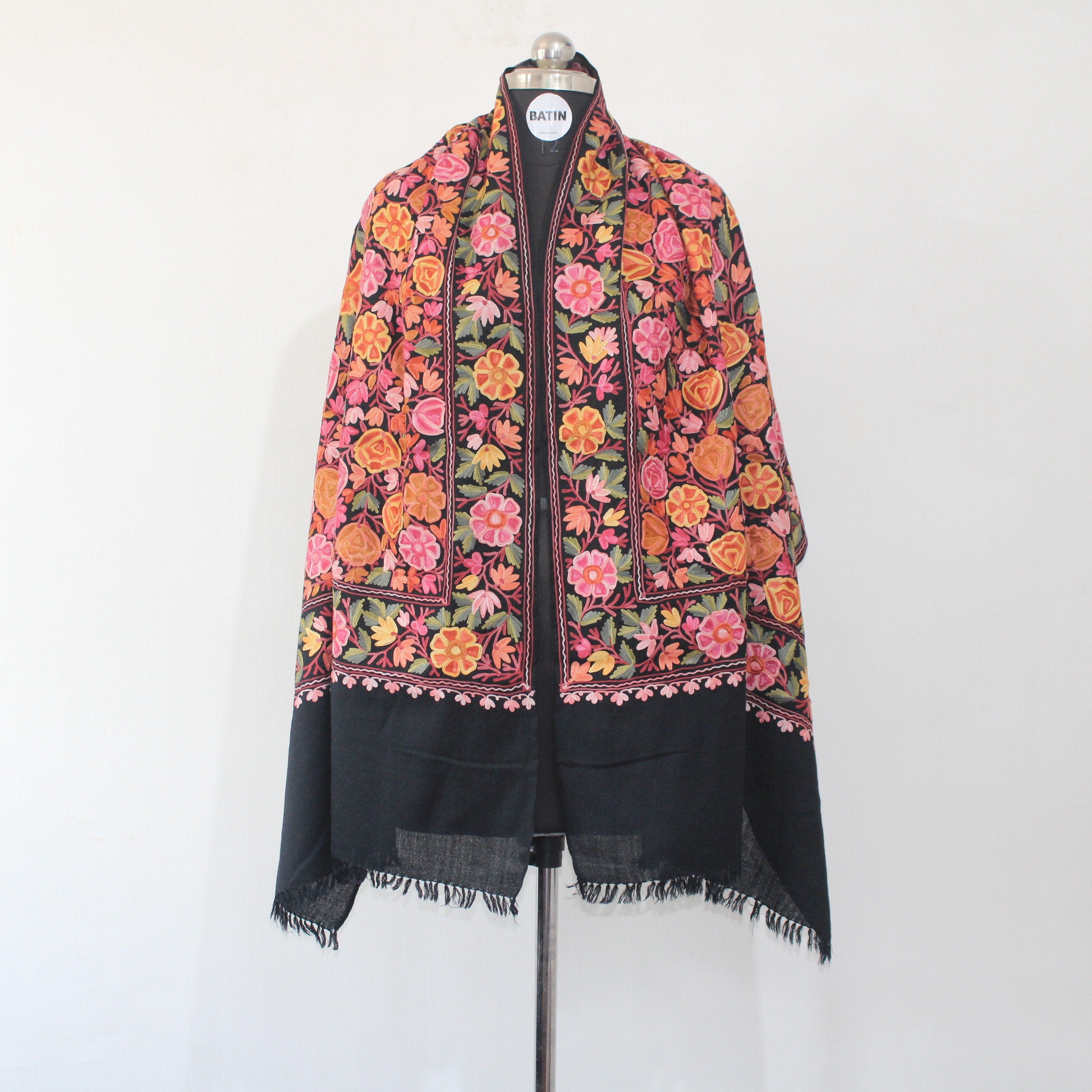 Handmade Kashmiri Merino Wool Stole, Intricate Aari Embroidery, Cozy Black Scarf