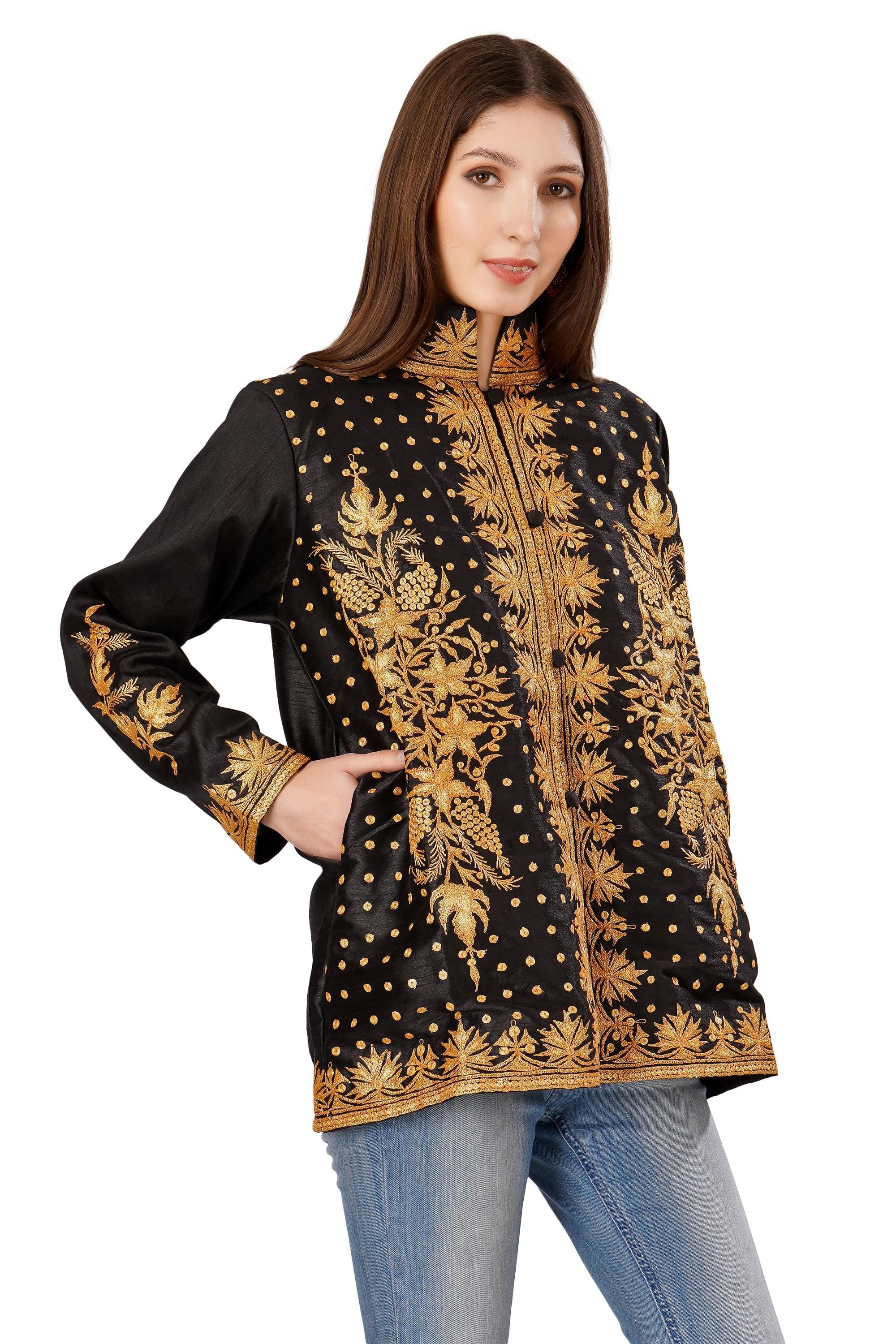 Kashmiri Jacket, Embroidered Silk Jacket, Short Length Coat, Bohemian Jacket, Tilla Embroidered Jacket, Short Embroidered Coat - BATIN