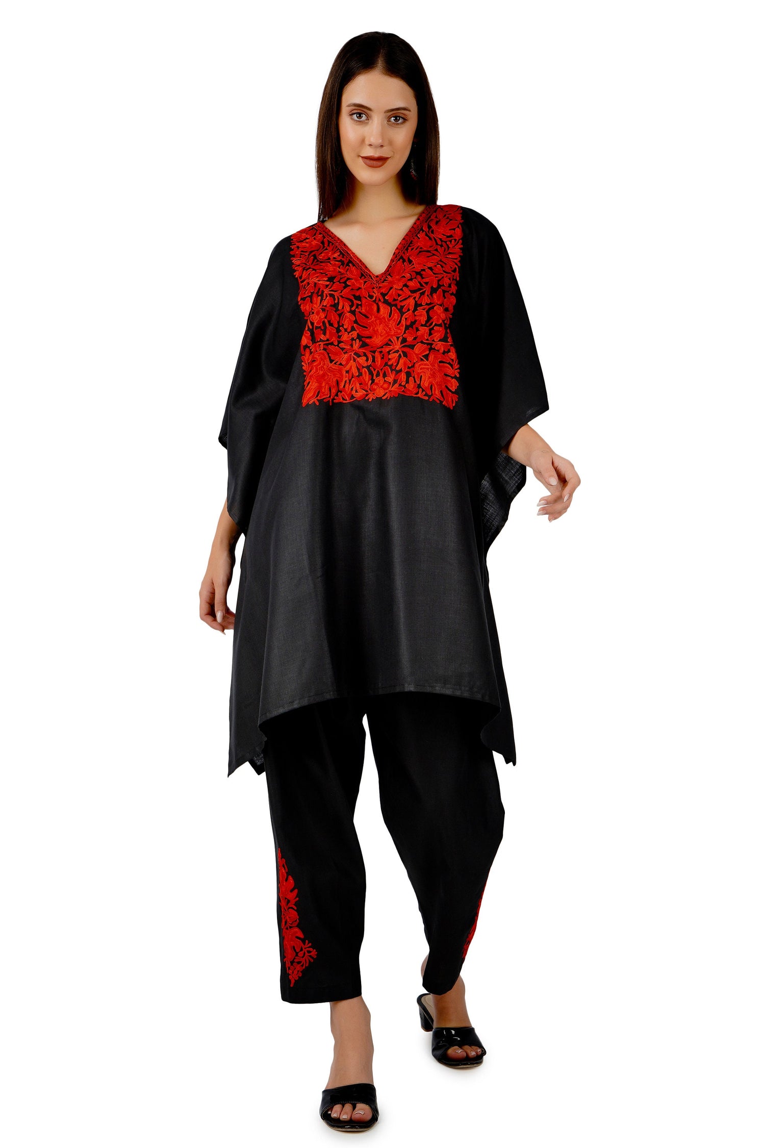 Kashmiri Aari Embroidered Cotton Co-Ord Set, Embroidered Kaftan Top and Pant, Women&