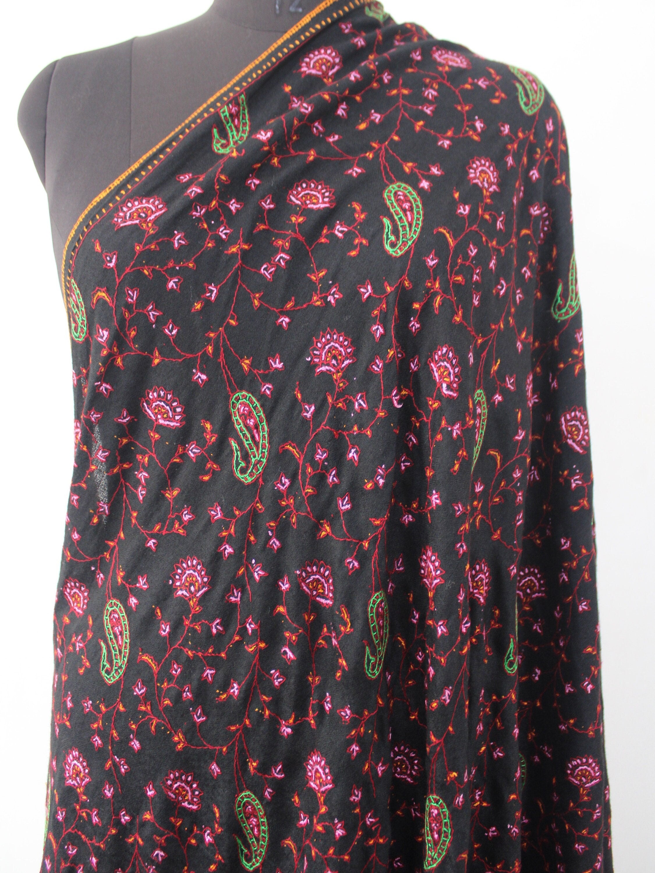 Black Merino Wool Shawl with Sozni Handwork, Kashmiri Shawl, Perfect Gift Idea
