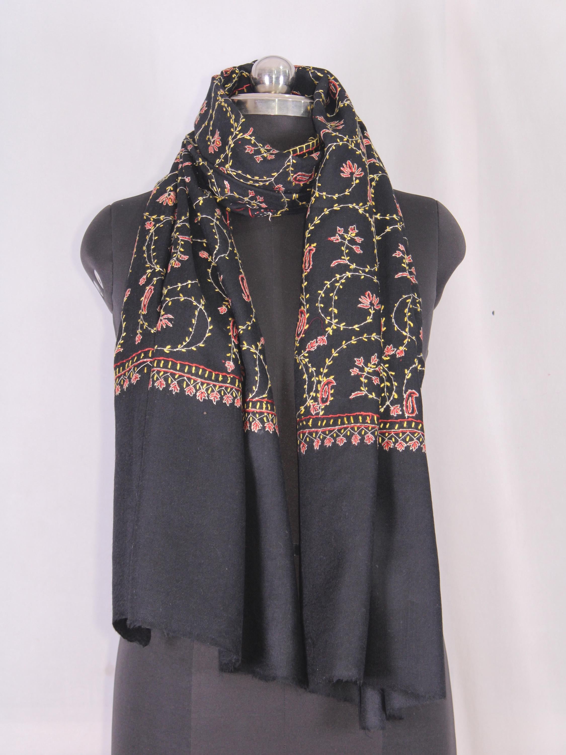 Woolen sozni Embroidered Kashmiri Stole, Handmade Stole, Fine Merino Wool Stole, Premium Scarf, Embroidered Wraps, Black Scarf