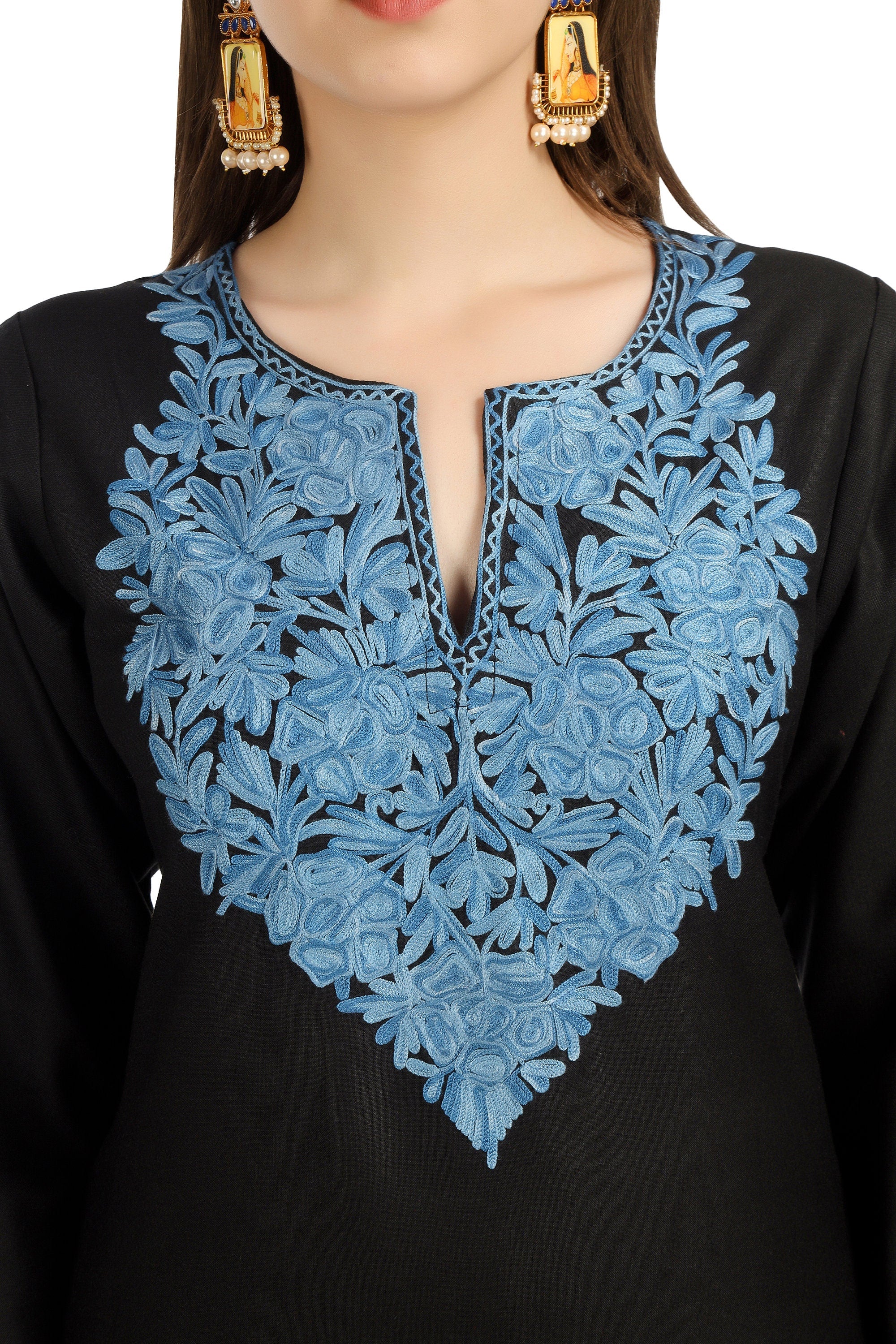 Aari Embroidered Cotton Kashmiri Kurti - Elegant Indian Women&