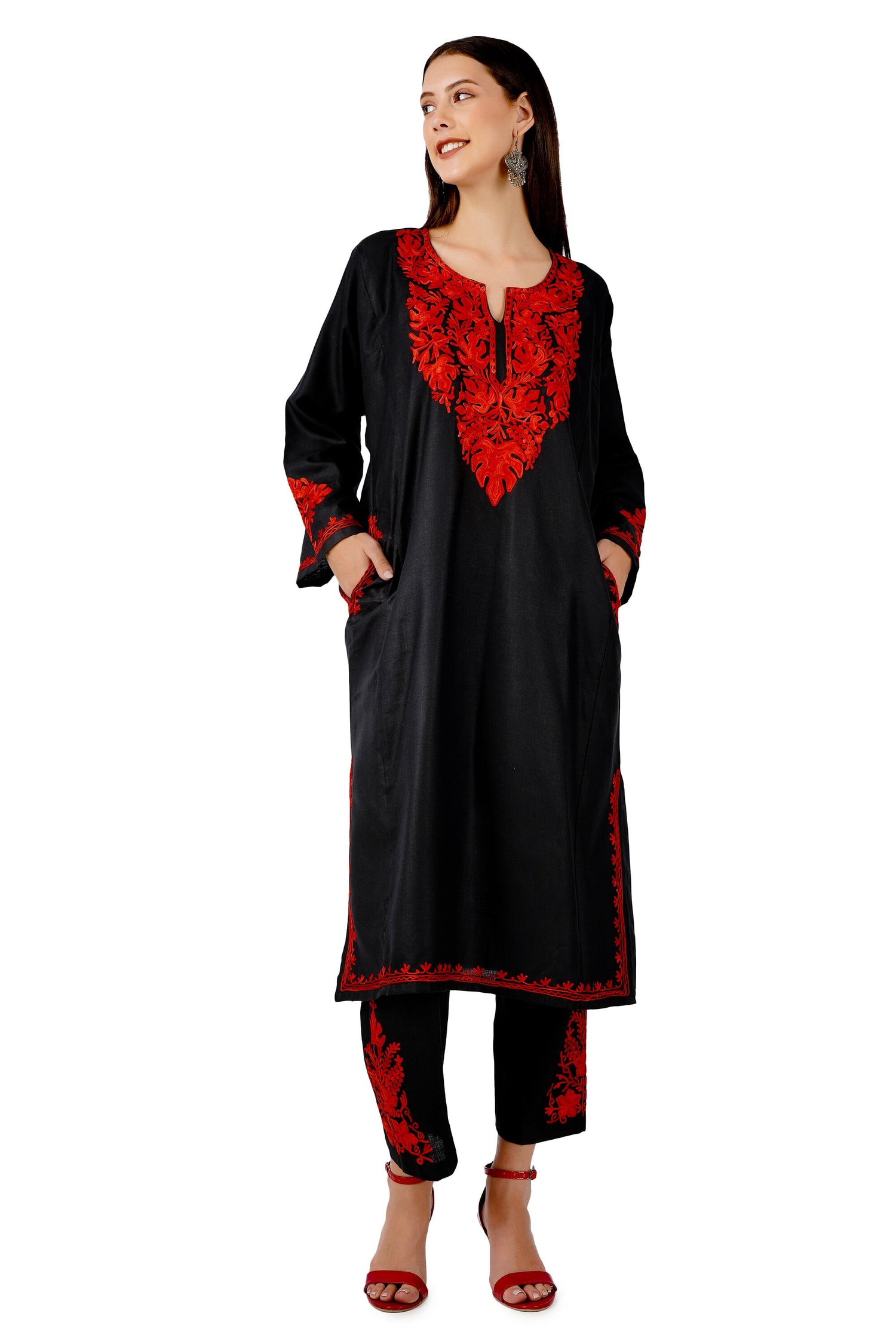 Kashmiri Aari Embroidered Kurti with Bottom Pant, Cotton Kurti with Pant Set, Kashmiri Aari Embroidered Kurti Pant Co-ord Set