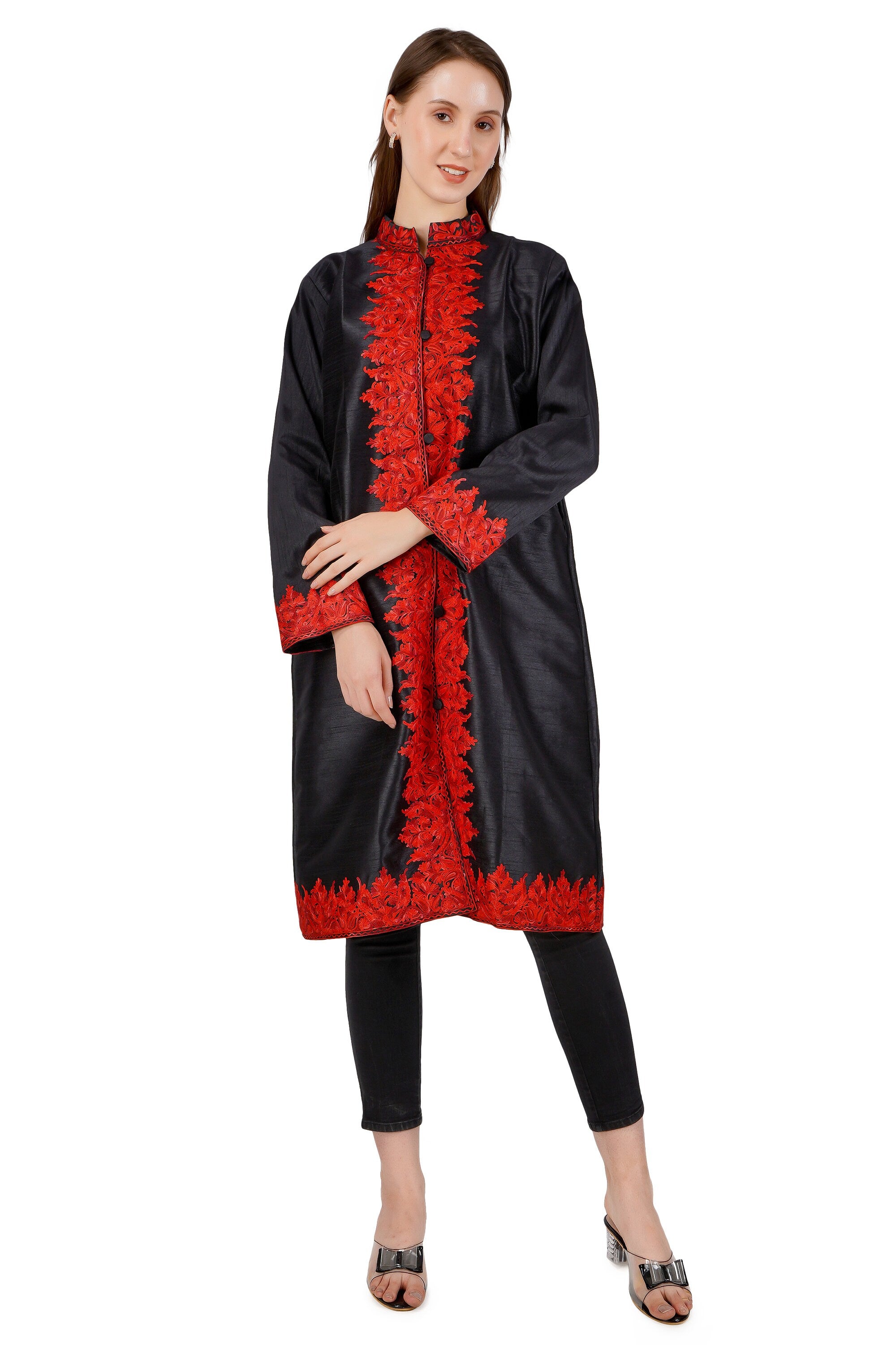 Kashmiri Aari Embroidered Long Silk Jacket, Summer Coat For Women