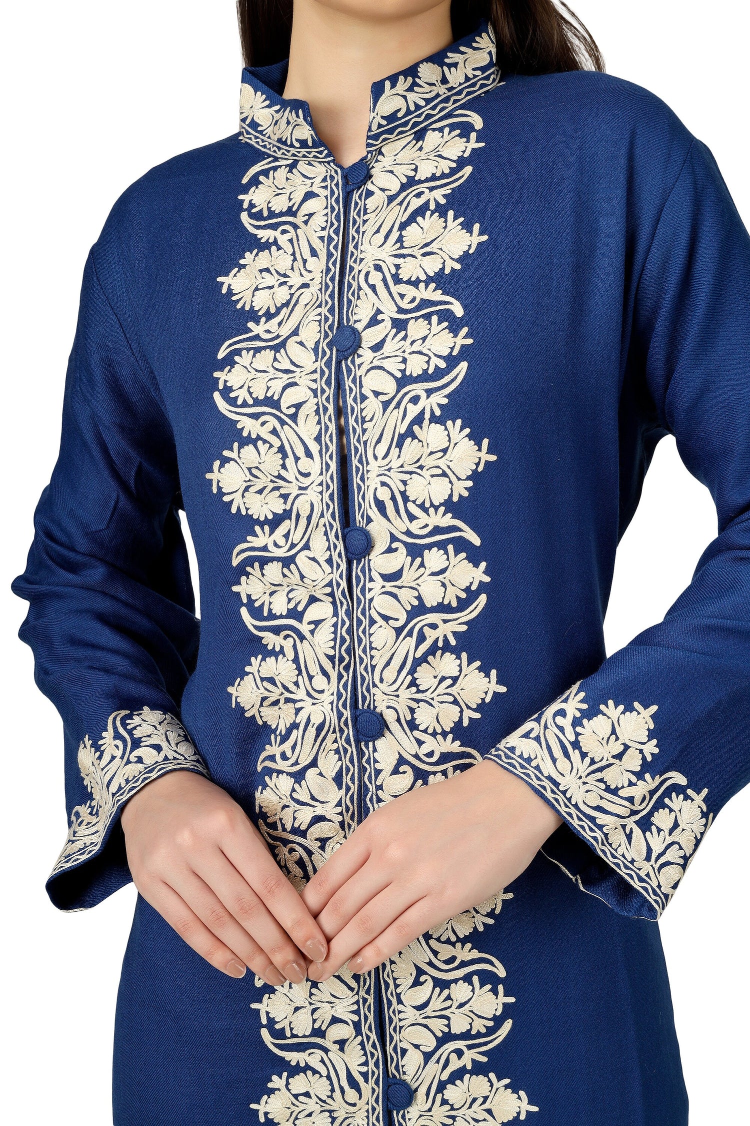 Kashmiri Embroidered Jacket, Embroidered Coat, Long Jacket, Woolen Jacket, Blue Jacket