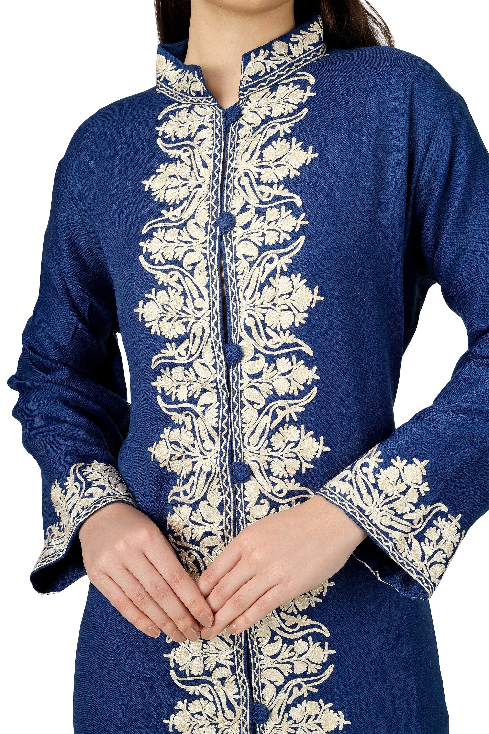 Kashmiri Embroidered Jacket, Embroidered Coat, Long Jacket, Woolen Jacket, Blue Jacket