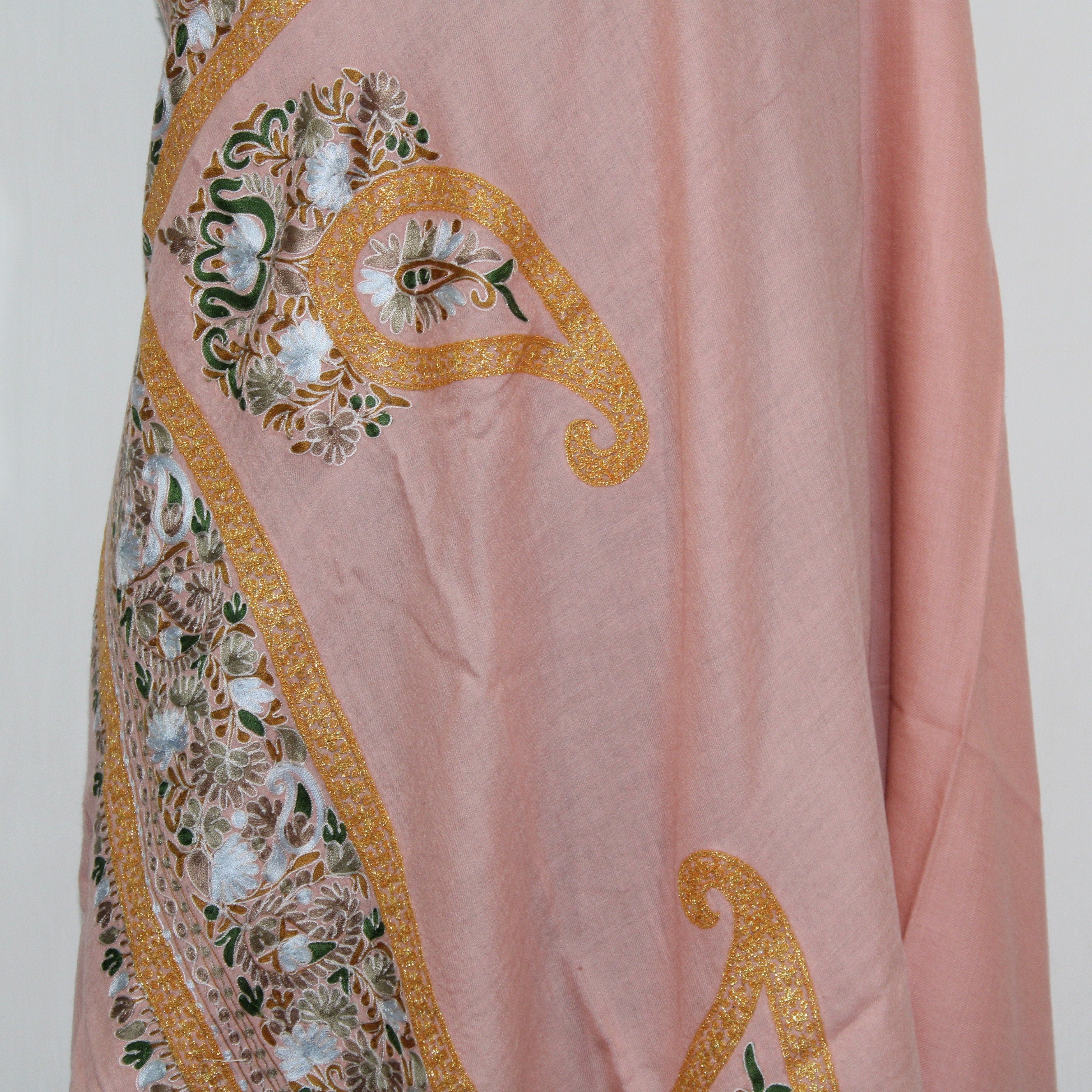 Kashmiri Tilla Silk Shawl Intricately Hand embroidered with Gold and Silk Threads