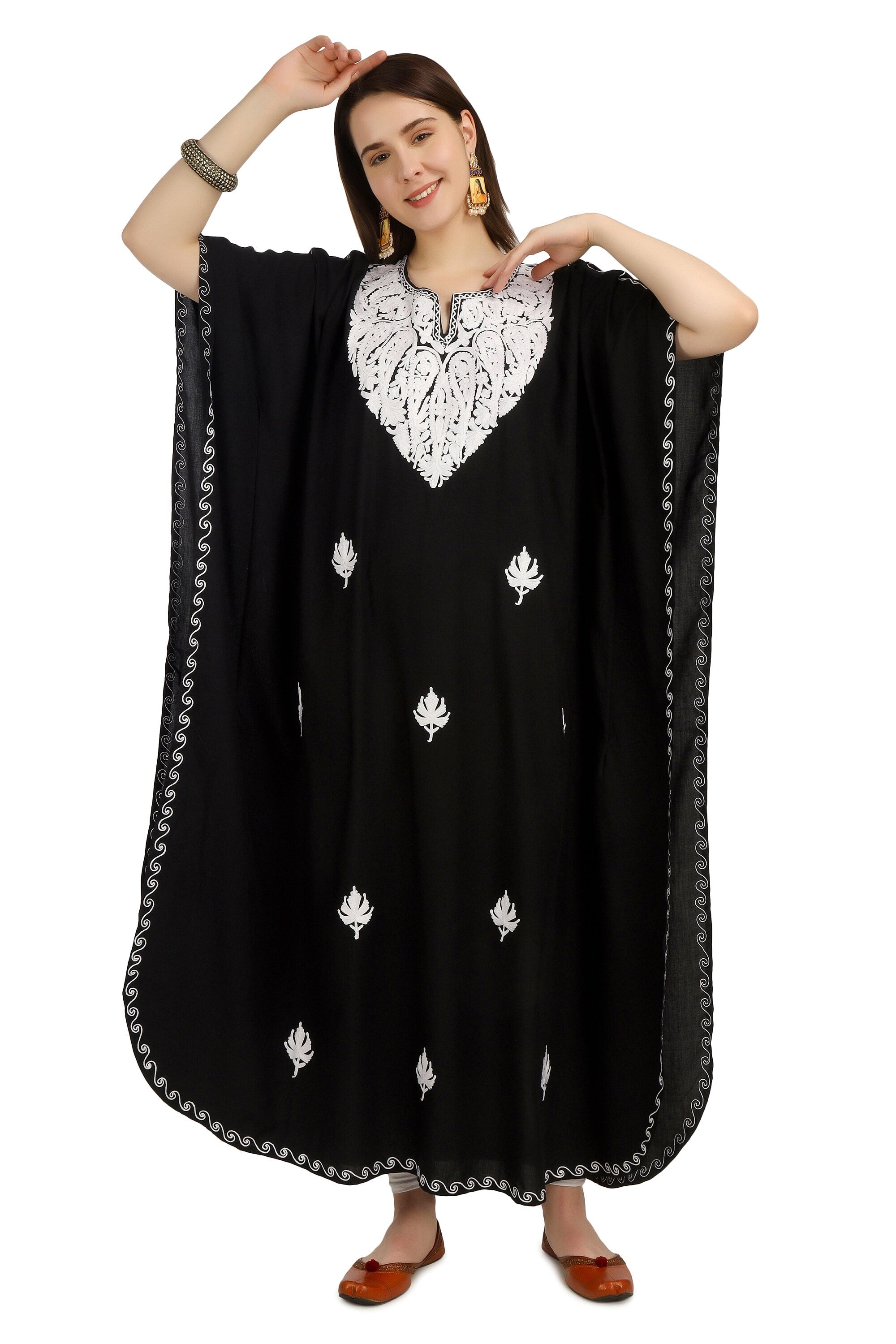 Kashmiri Aari Embroidered Cotton Kaftan for Women, Handmade Kaftan Dress for Girls, Cotton Maxi Dress for Summers