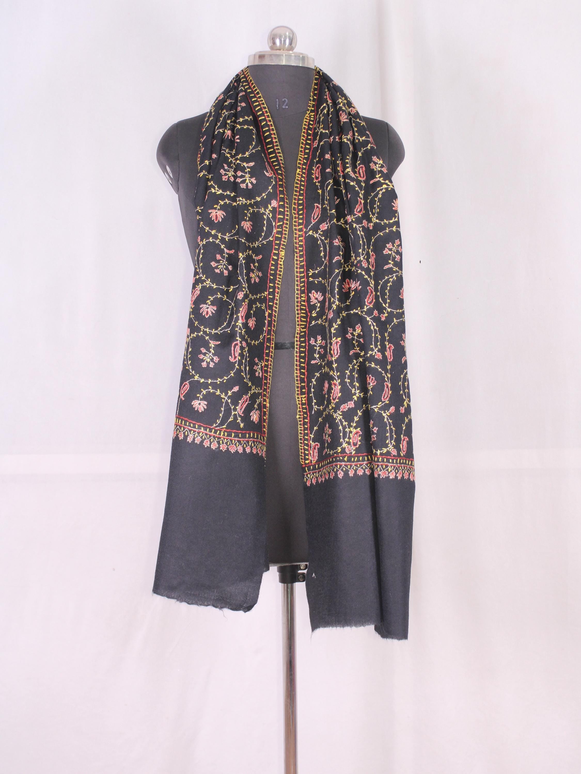 Woolen sozni Embroidered Kashmiri Stole, Handmade Stole, Fine Merino Wool Stole, Premium Scarf, Embroidered Wraps, Black Scarf