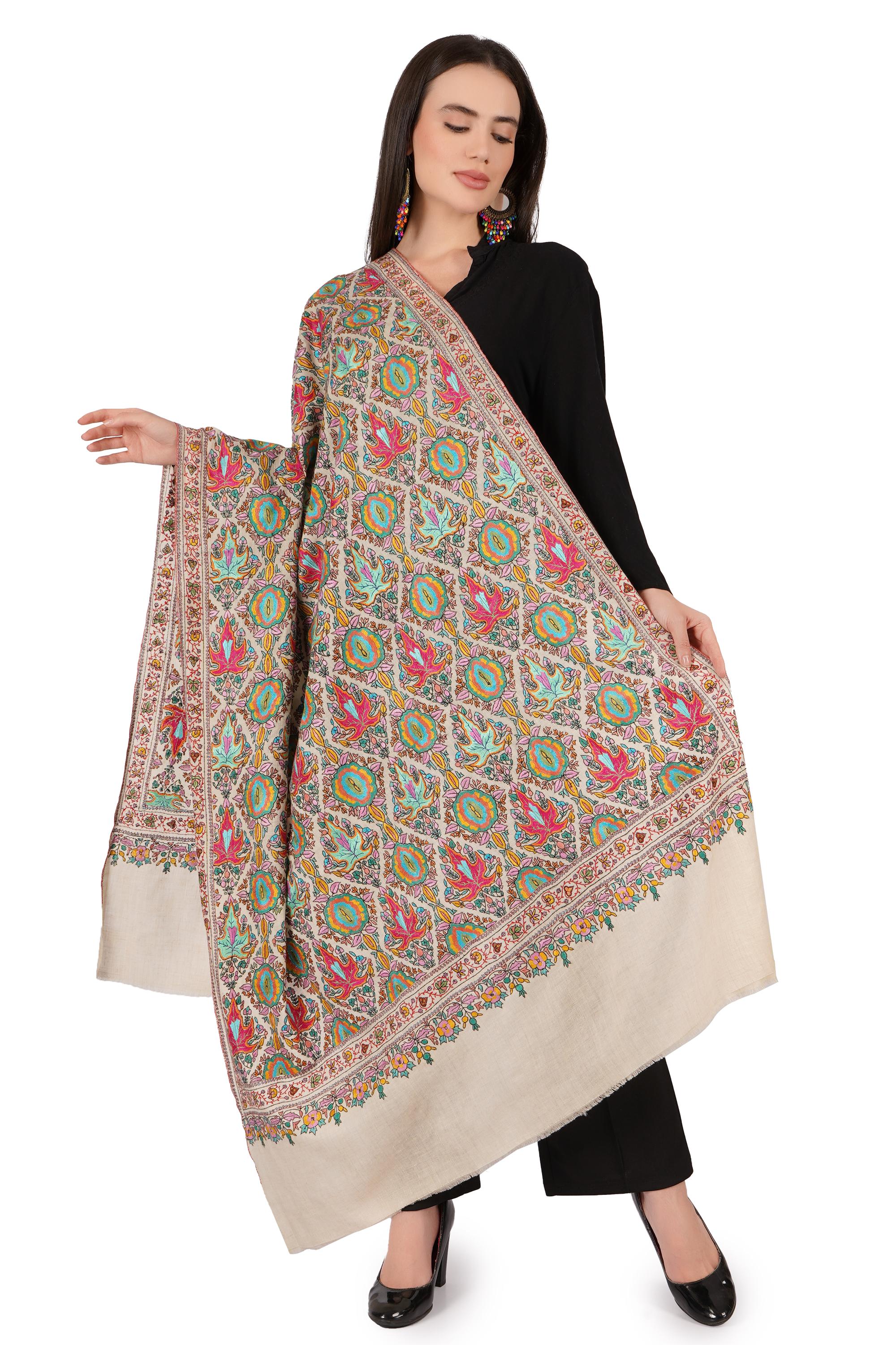 Pure Pashmina Jamawar Shawl with Sozni Hand Embroidery, Handmade Undyed Natural White, Paper Mache Embroidery Shawl