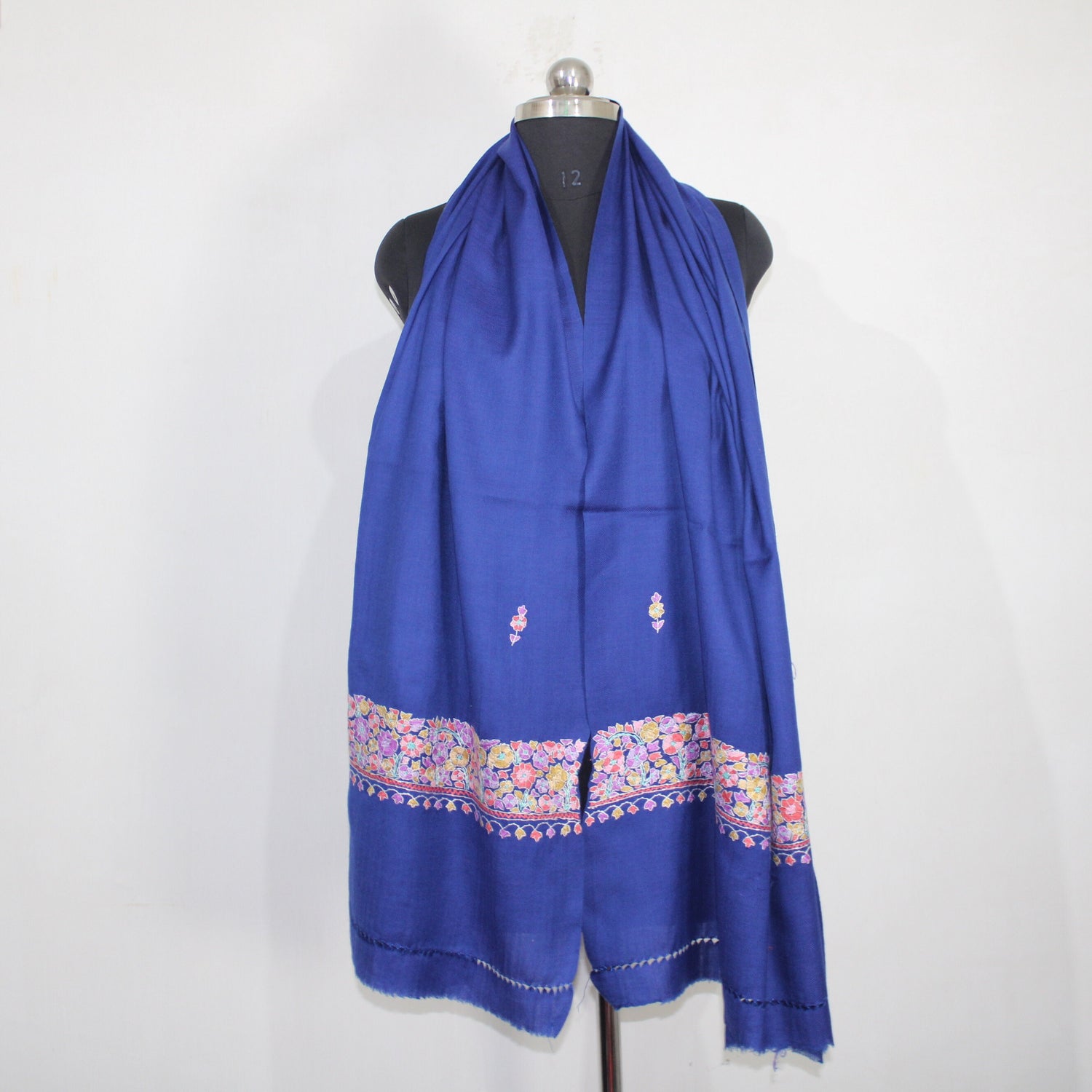 Handmade Kashmiri Paper Mache Embroidered Woolen Scarf in Blue - 70cm x 200cm - BATIN