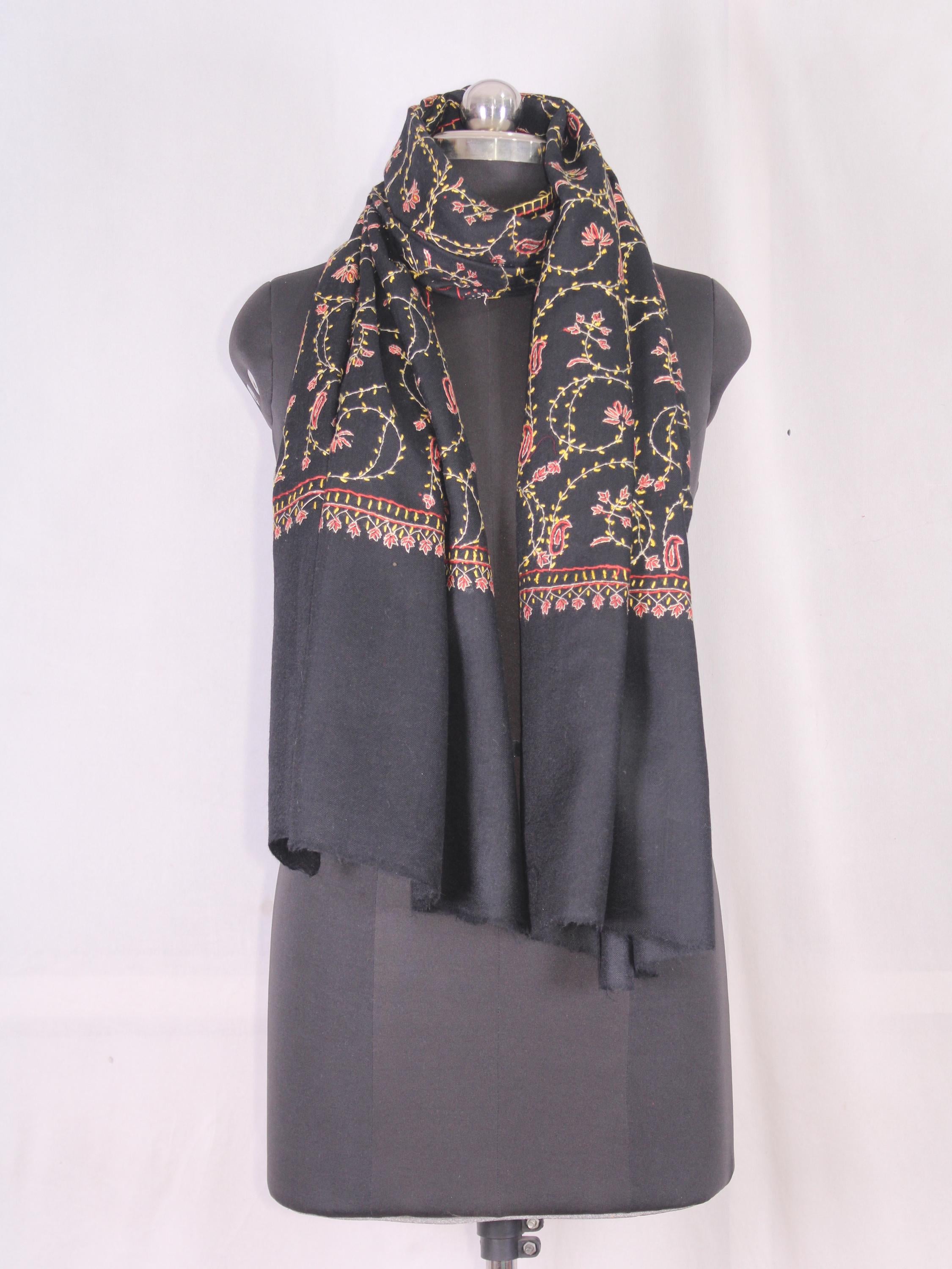 Woolen sozni Embroidered Kashmiri Stole, Handmade Stole, Fine Merino Wool Stole, Premium Scarf, Embroidered Wraps, Black Scarf