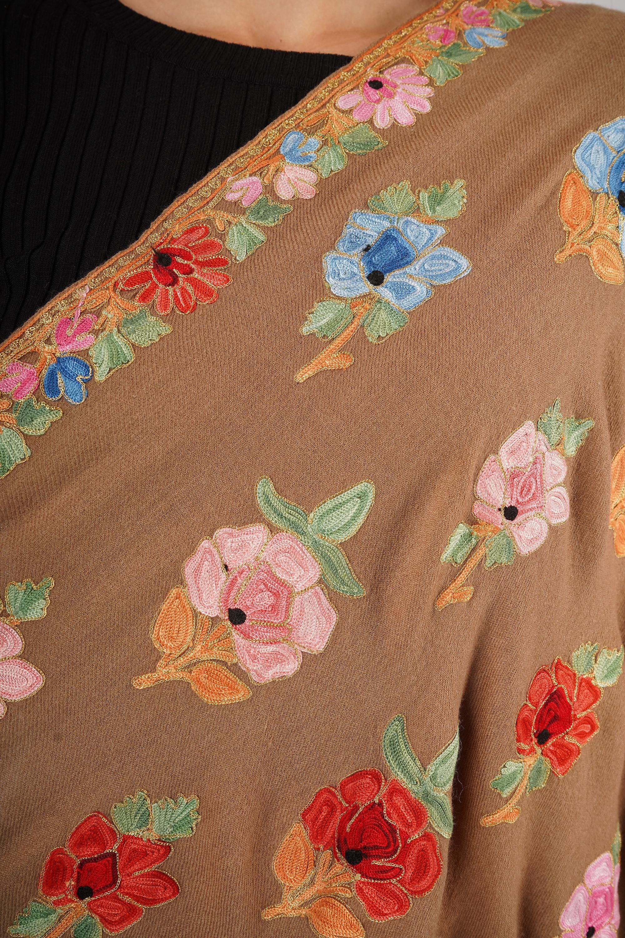 Kashmiri Embroidered Shawl, Shawl For Women, Kashmiri Aari Thread Embroidery Fused With Tilla/Zari Embroidery, Pure Merino Wool Shawl,