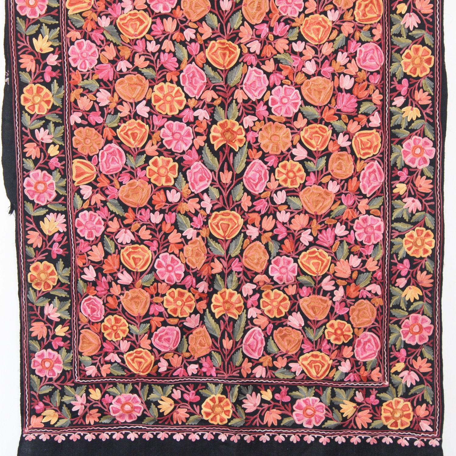 Handmade Kashmiri Merino Wool Stole, Intricate Aari Embroidery, Cozy Black Scarf
