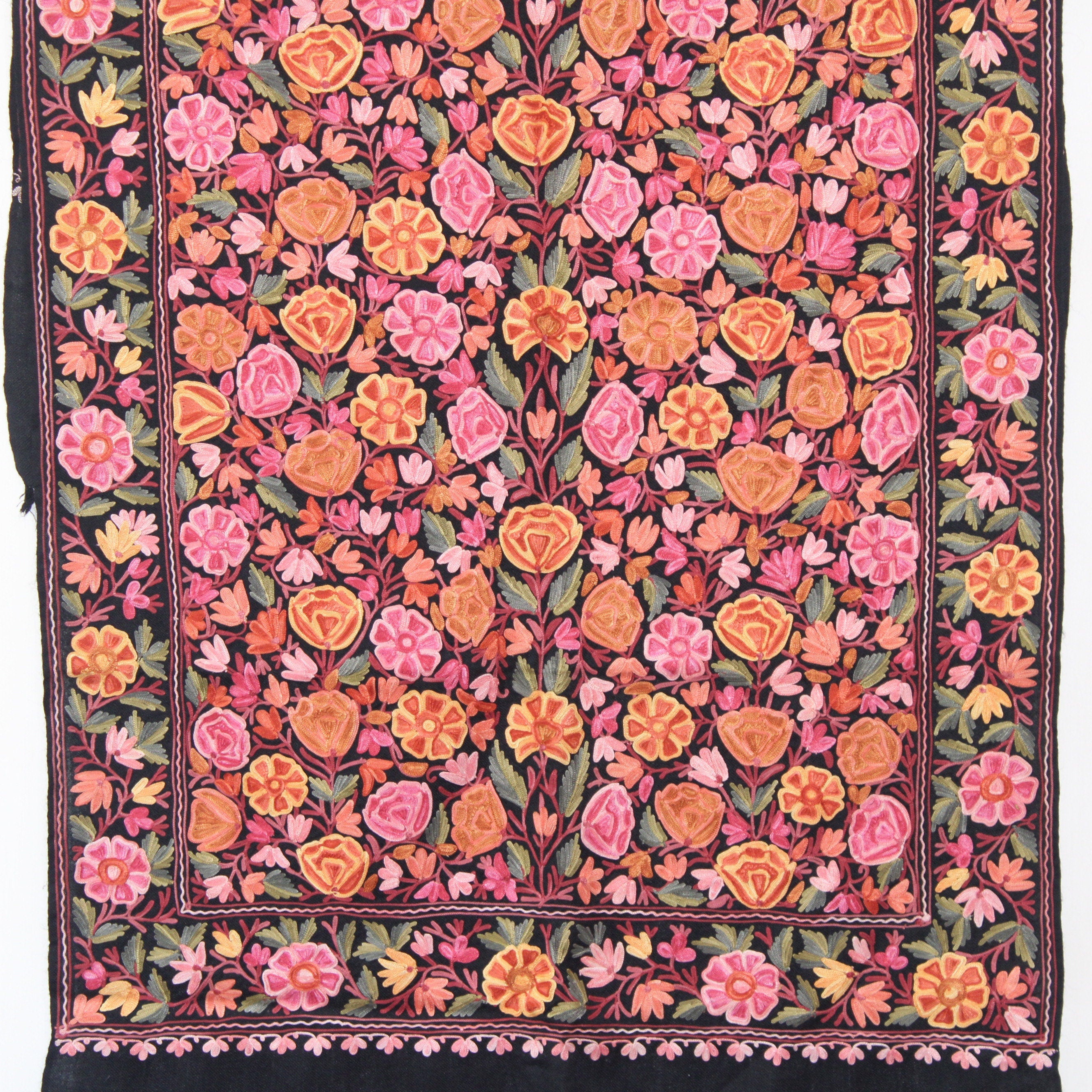 Handmade Kashmiri Merino Wool Stole, Intricate Aari Embroidery, Cozy Black Scarf