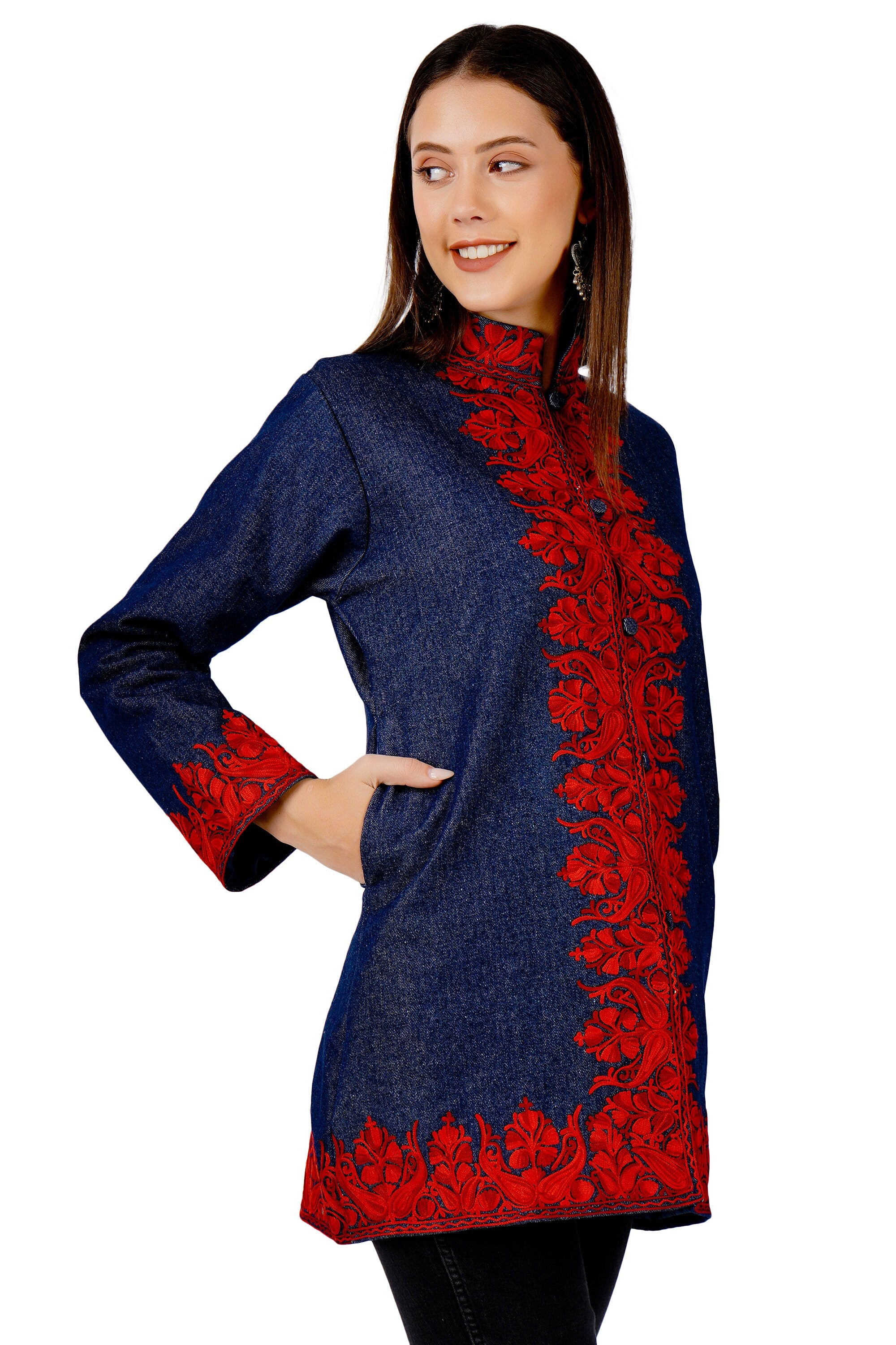 Kashmiri Aari Embroidered Denim Jacket, Short Embroidered Coat, Stylish Fusion of Culture and Trend, Jeans Jacket