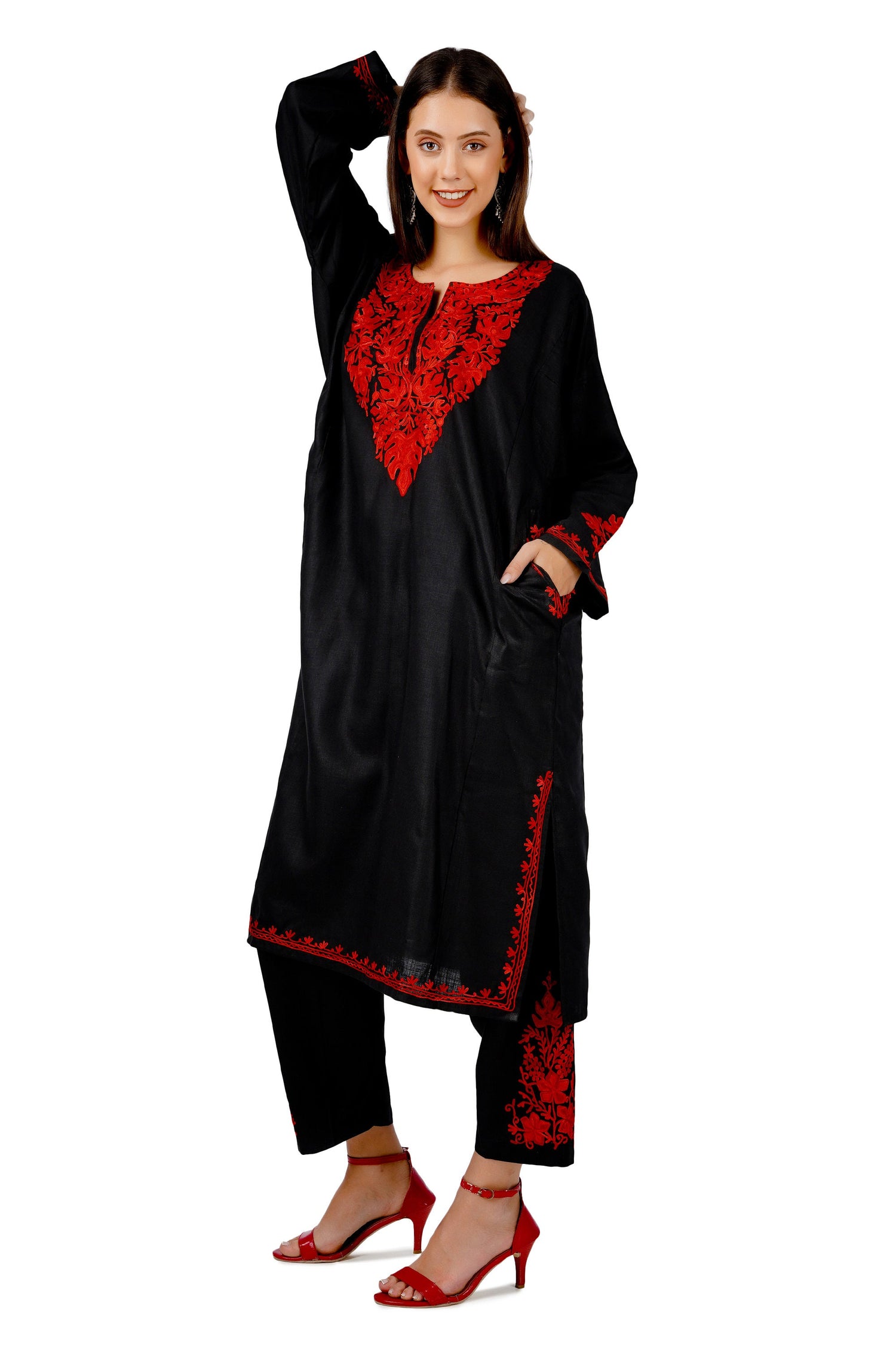 Kashmiri Aari Embroidered Kurti with Bottom Pant, Cotton Kurti with Pant Set, Kashmiri Aari Embroidered Kurti Pant Co-ord Set