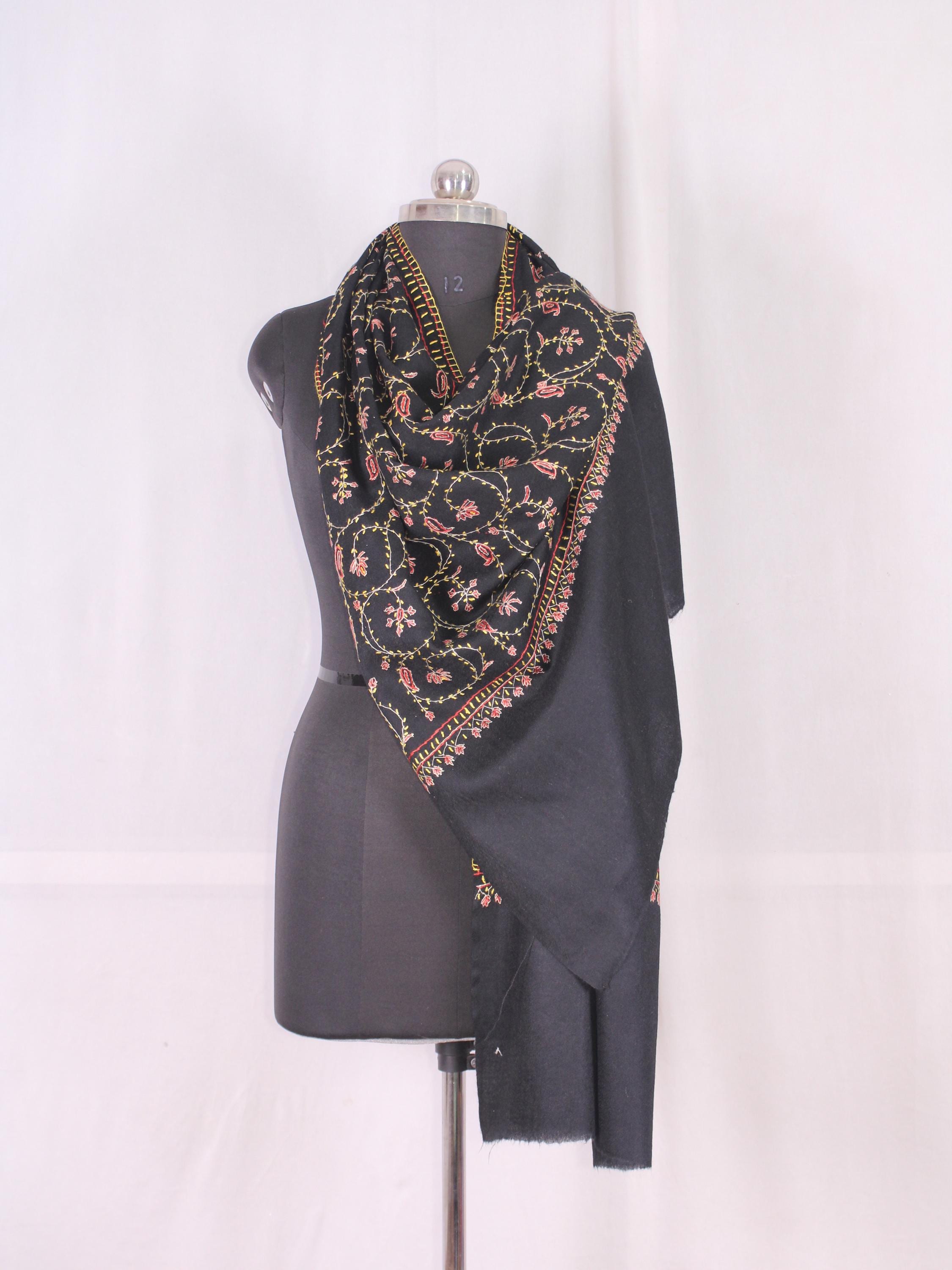 Woolen sozni Embroidered Kashmiri Stole, Handmade Stole, Fine Merino Wool Stole, Premium Scarf, Embroidered Wraps, Black Scarf