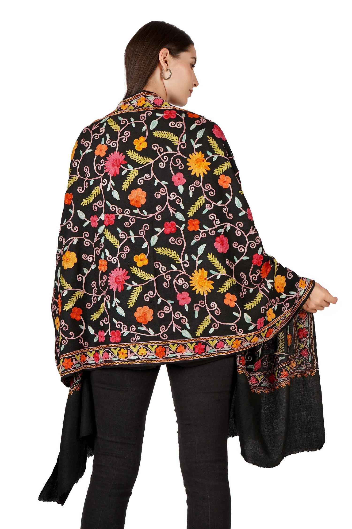 Kashmiri Woollen Scarf with Aari Embroidery For Women, Floral Kashmiri Scarf, Indian Wrap, Shawl for women, Cashmere Wrap, Gift Shawl - BATIN