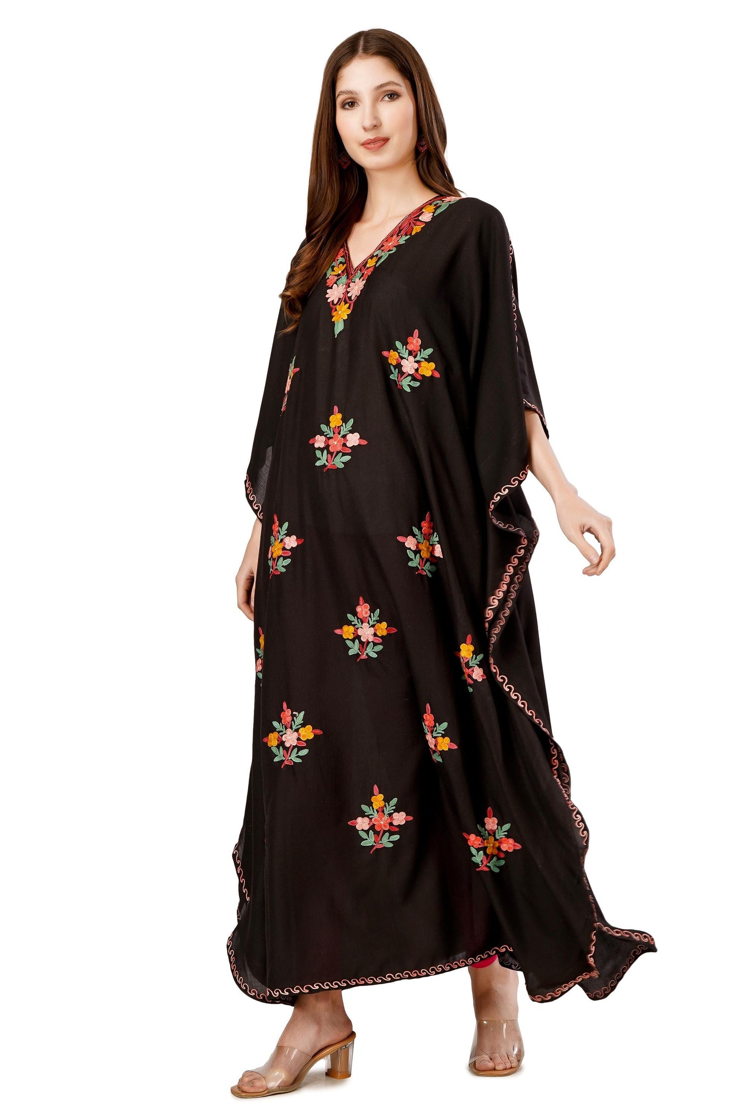 Kashmiri Aari Embroidered Cotton Kaftan for Women, Handmade Kaftan Dress for Womens , Loose Women Tunic Dress, Indian Floral Kaftan