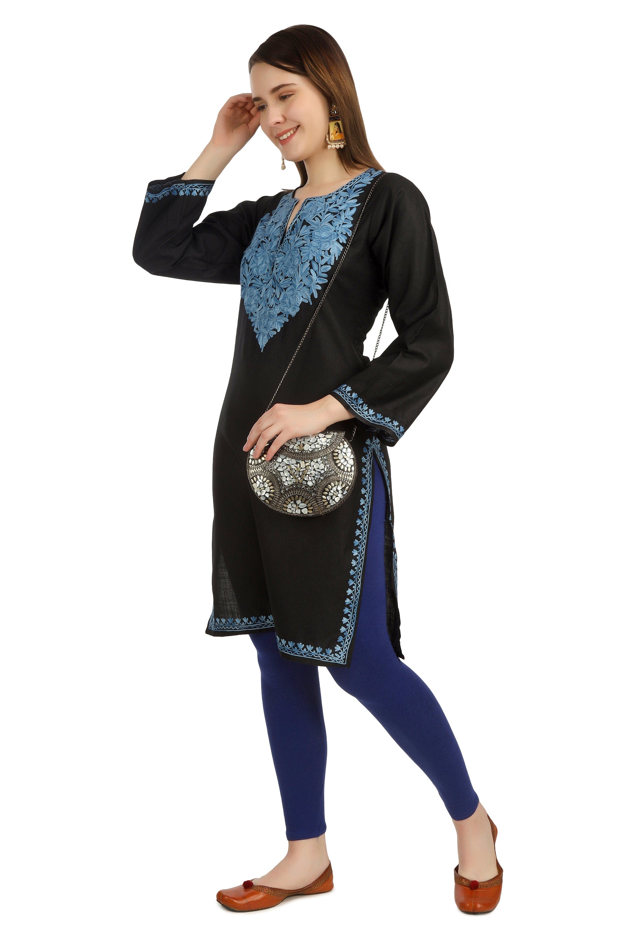 Aari Embroidered Cotton Kashmiri Kurti - Elegant Indian Women&