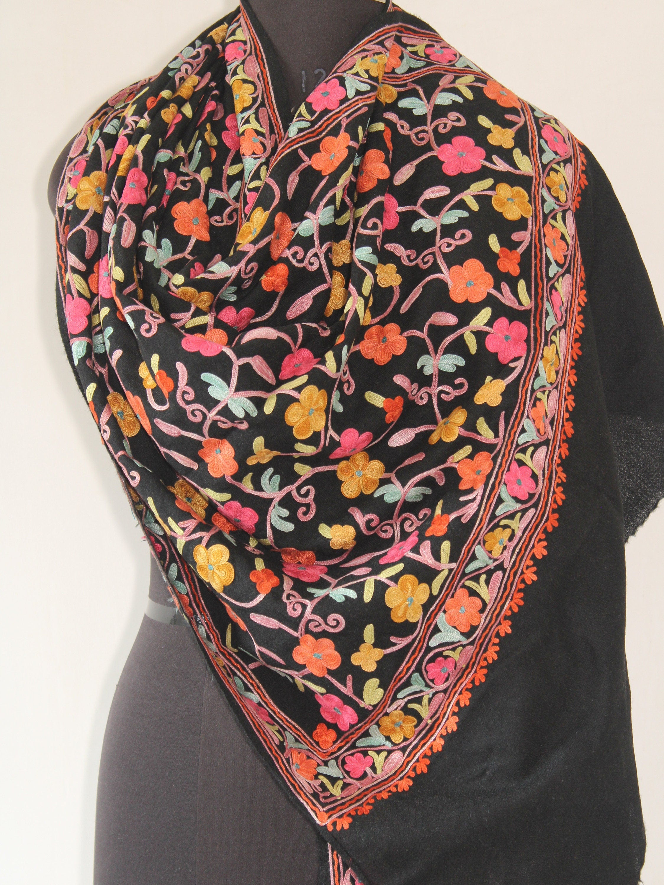 Kashmiri Woollen Stole with Aari Embroidery For Women, Floral Kashmiri Scarf, Indian Wrap, Shawl for women, Gift Shawl, cashmere shawl