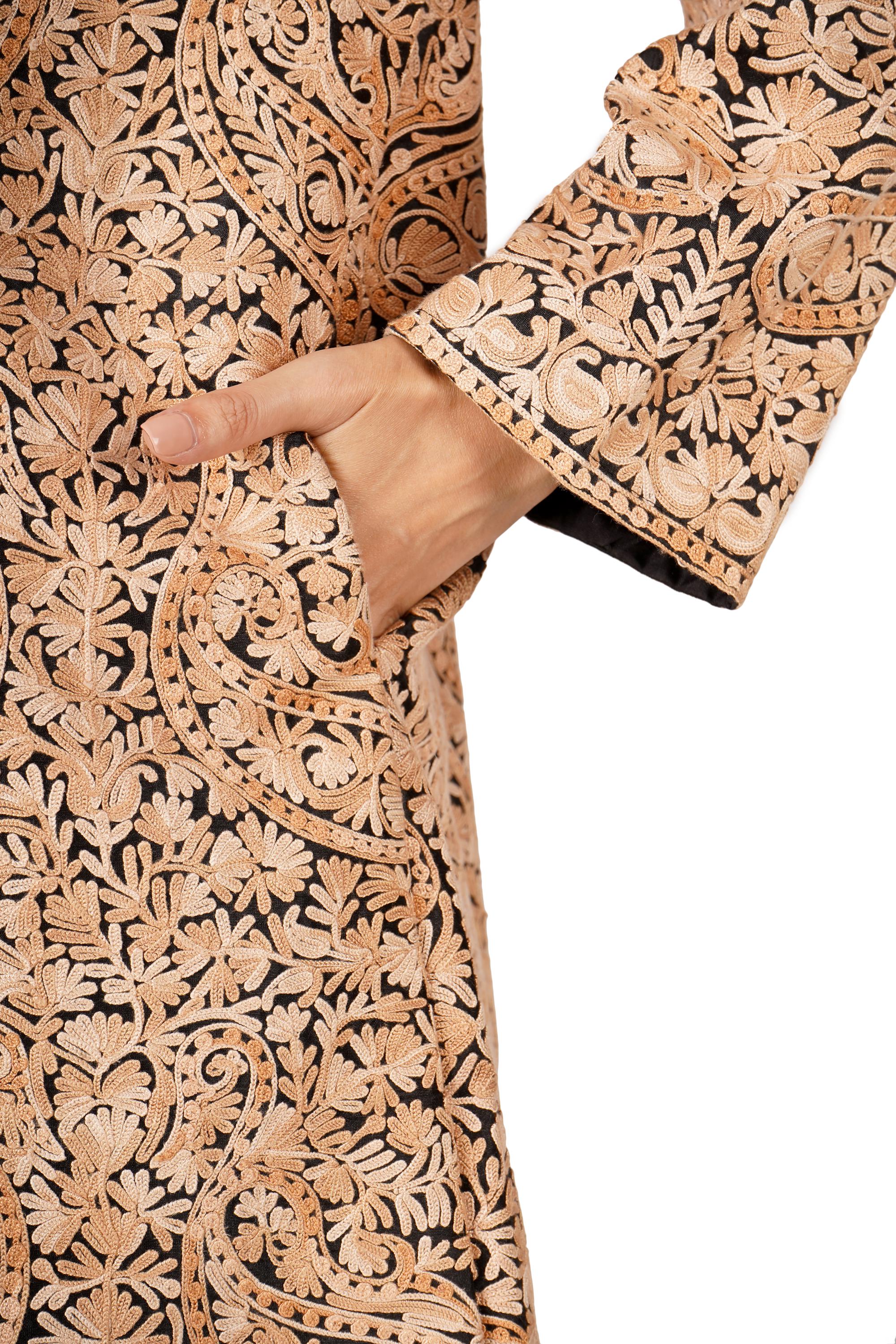 Kashmiri Jacket, Aari Embroidered Wool Jacket, Cashmere Jacket For Winter, Chain Stitch Embroidery, Long Embroidered Coat - BATIN